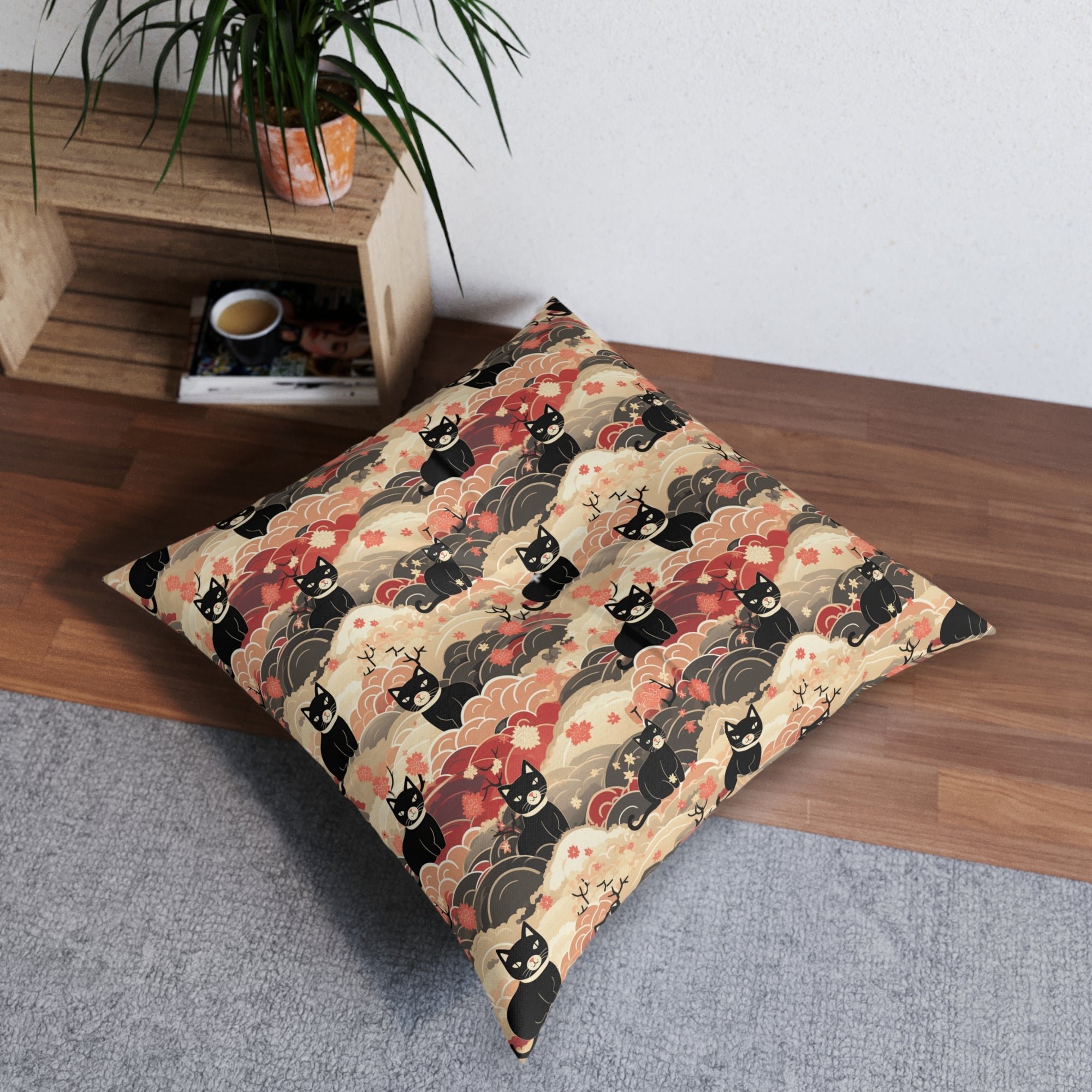 Indoor Square Floor Pillow - A whimsical and enchanting Japanese-style pattern featuring cute black and orange cats nestled among vibrant orange blossoms and soft, cloudy backgrounds.