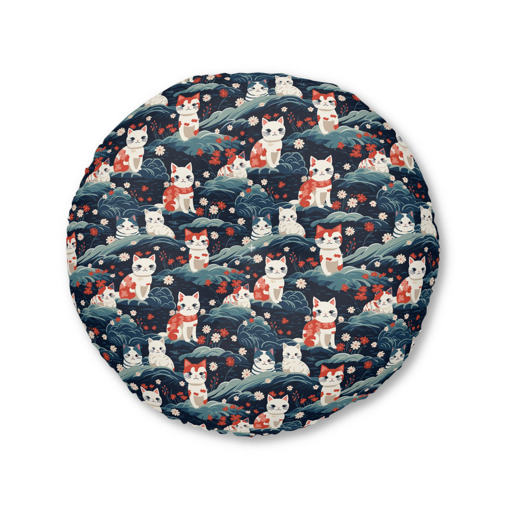 Indoor Round Floor Pillow - A serene and sweet Japanese landscape pattern featuring multicolored cats relaxing within a tranquil field of red and white flowers and gentle blue hills.