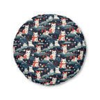 Indoor Round Floor Pillow - A serene and sweet Japanese landscape pattern featuring multicolored cats relaxing within a tranquil field of red and white flowers and gentle blue hills.