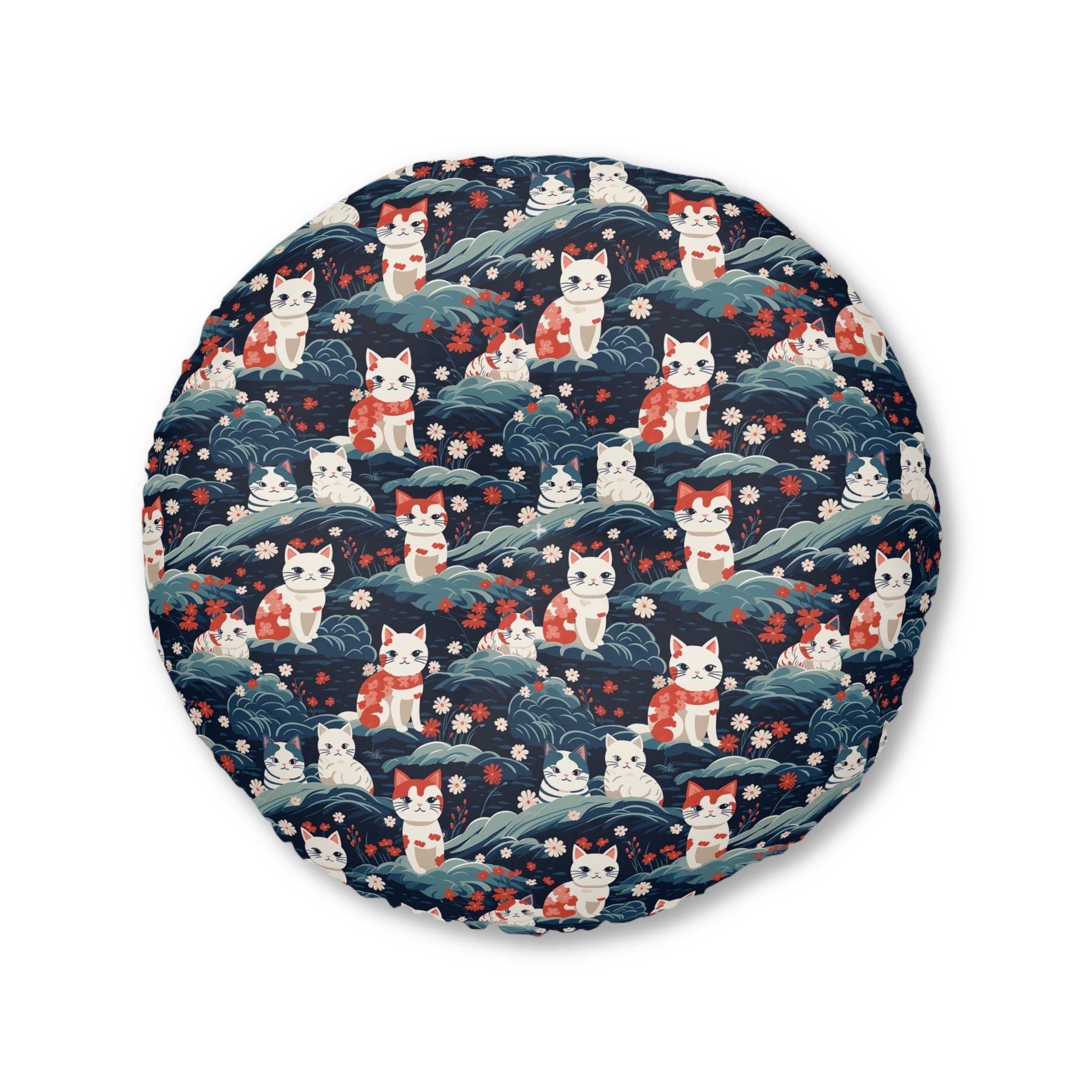 Indoor Round Floor Pillow - A serene and sweet Japanese landscape pattern featuring multicolored cats relaxing within a tranquil field of red and white flowers and gentle blue hills.