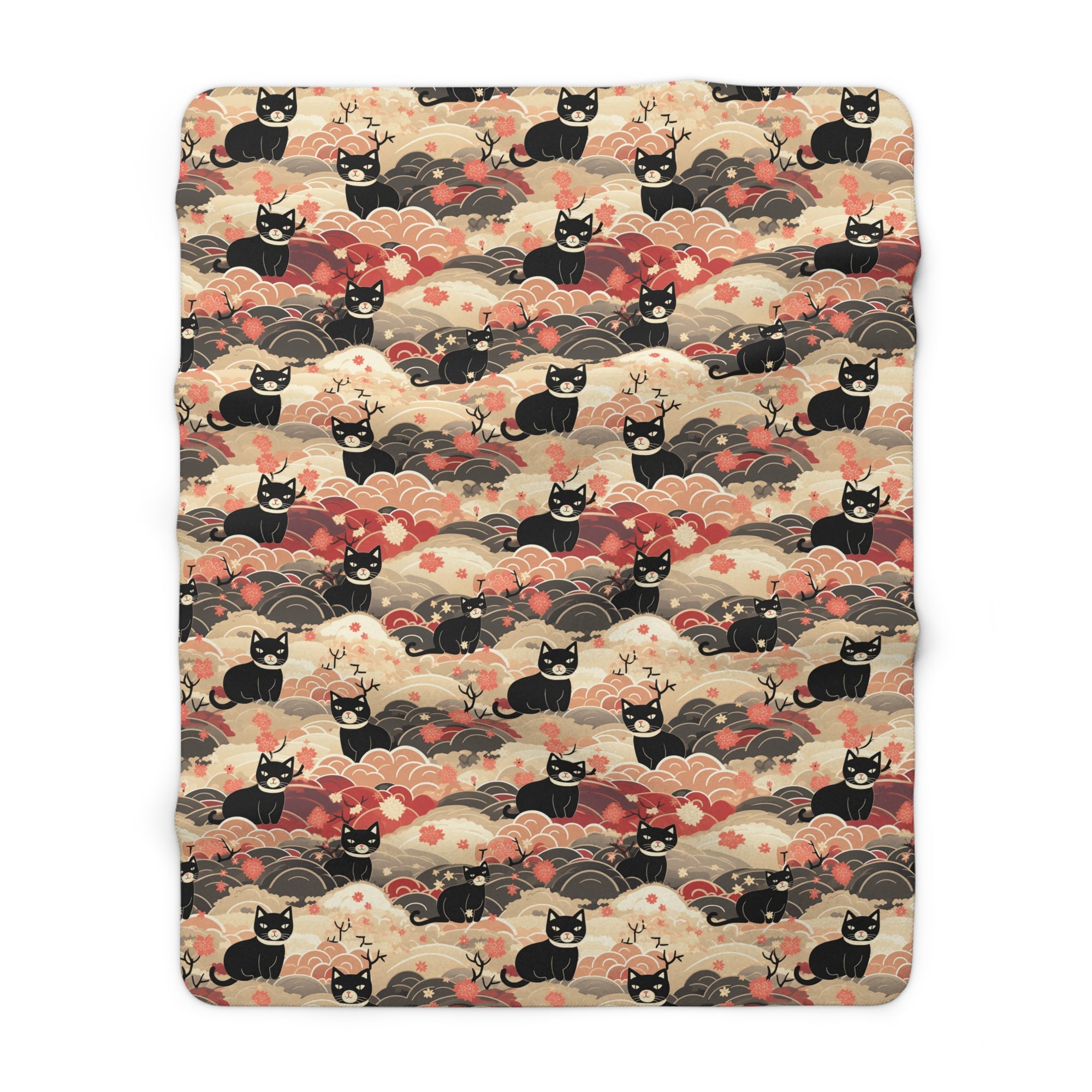 Sherpa Blanket - A whimsical and enchanting Japanese-style pattern featuring cute black and orange cats nestled among vibrant orange blossoms and soft, cloudy backgrounds.