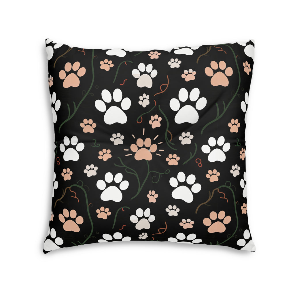 Indoor Square Floor Pillow - Elegant felines and sparkling gold yarn on black, adorable cats with golden paw prints, sophisticated pet motif, charming animal pattern, cozy and warm artistic illustration