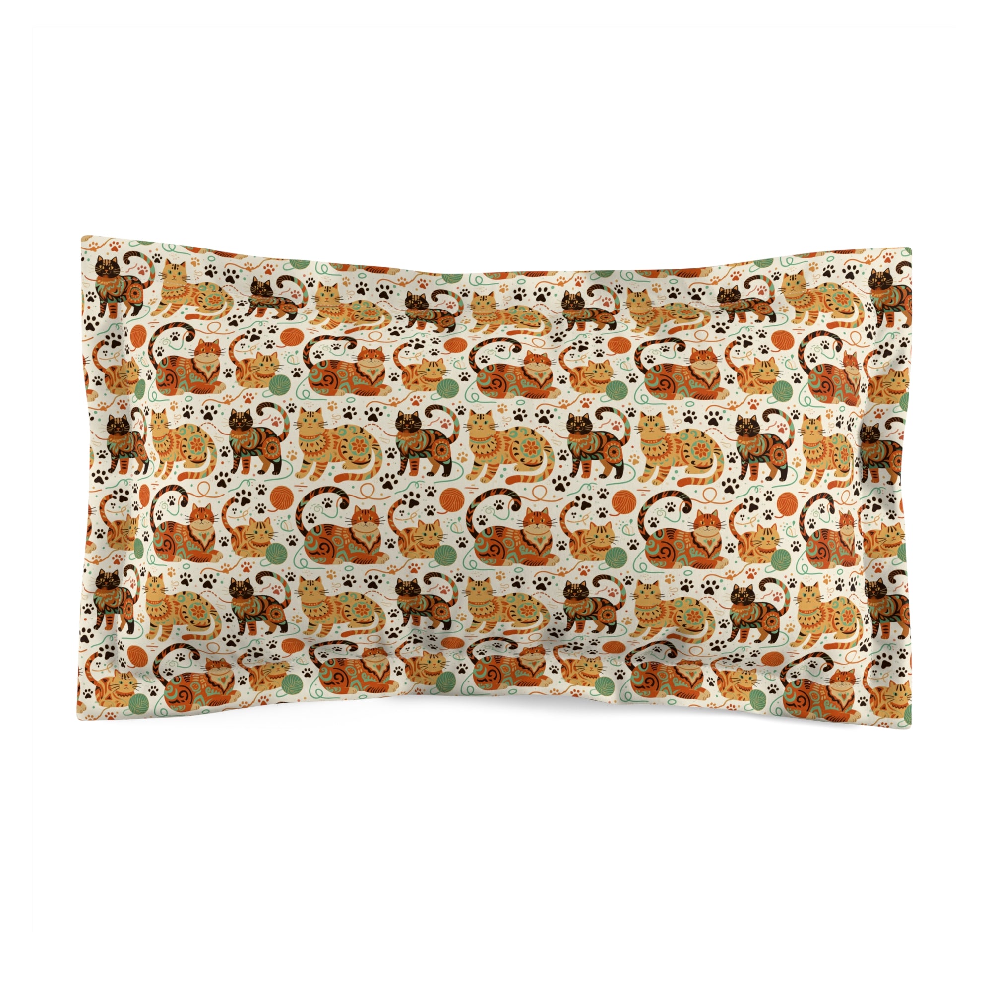 Pillow Sham - Colorful folk art patterned cats, vibrant orange and teal hues, playful felines with yarn and paw prints, bohemian animal illustration, cream background, artistic and cheerful design