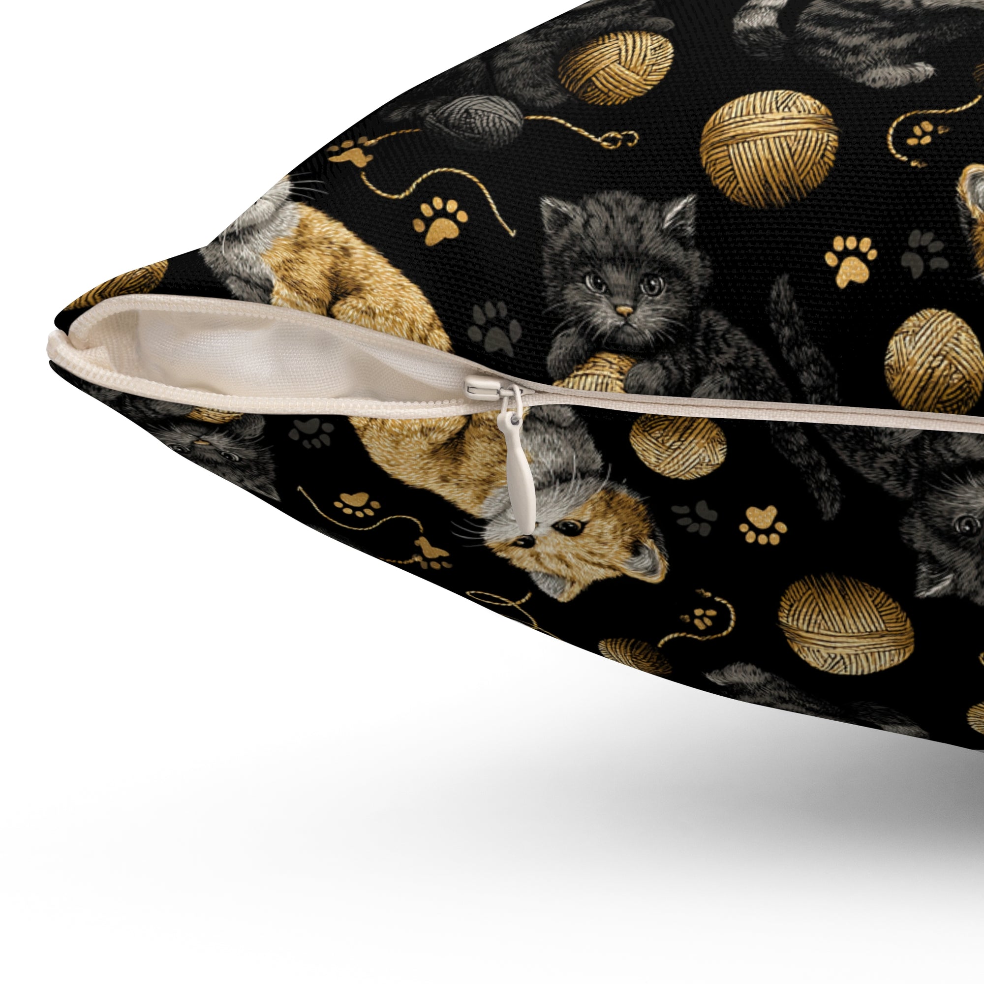 Indoor Square Pillow - Assorted Cute Kittens with Colorful Yarn Balls and Paw Prints on a Black Backdrop