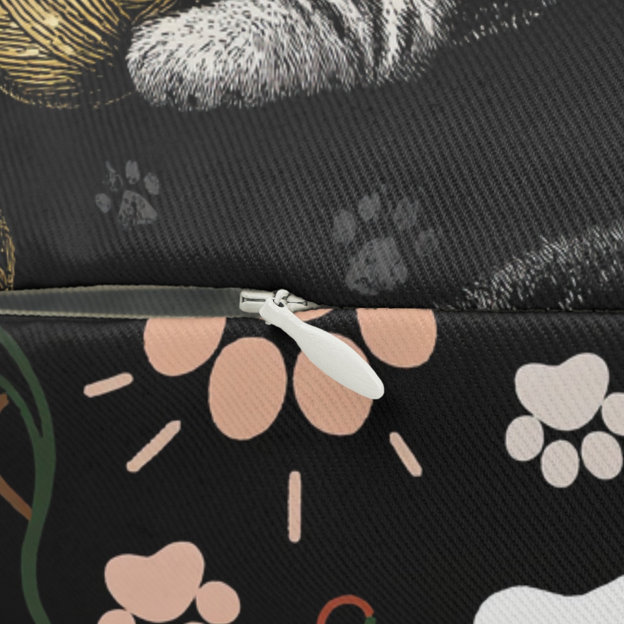 Indoor Lumbar Pillow - Grey and White Kittens Playing with Golden Yarn on a Black Background with Paw Prints