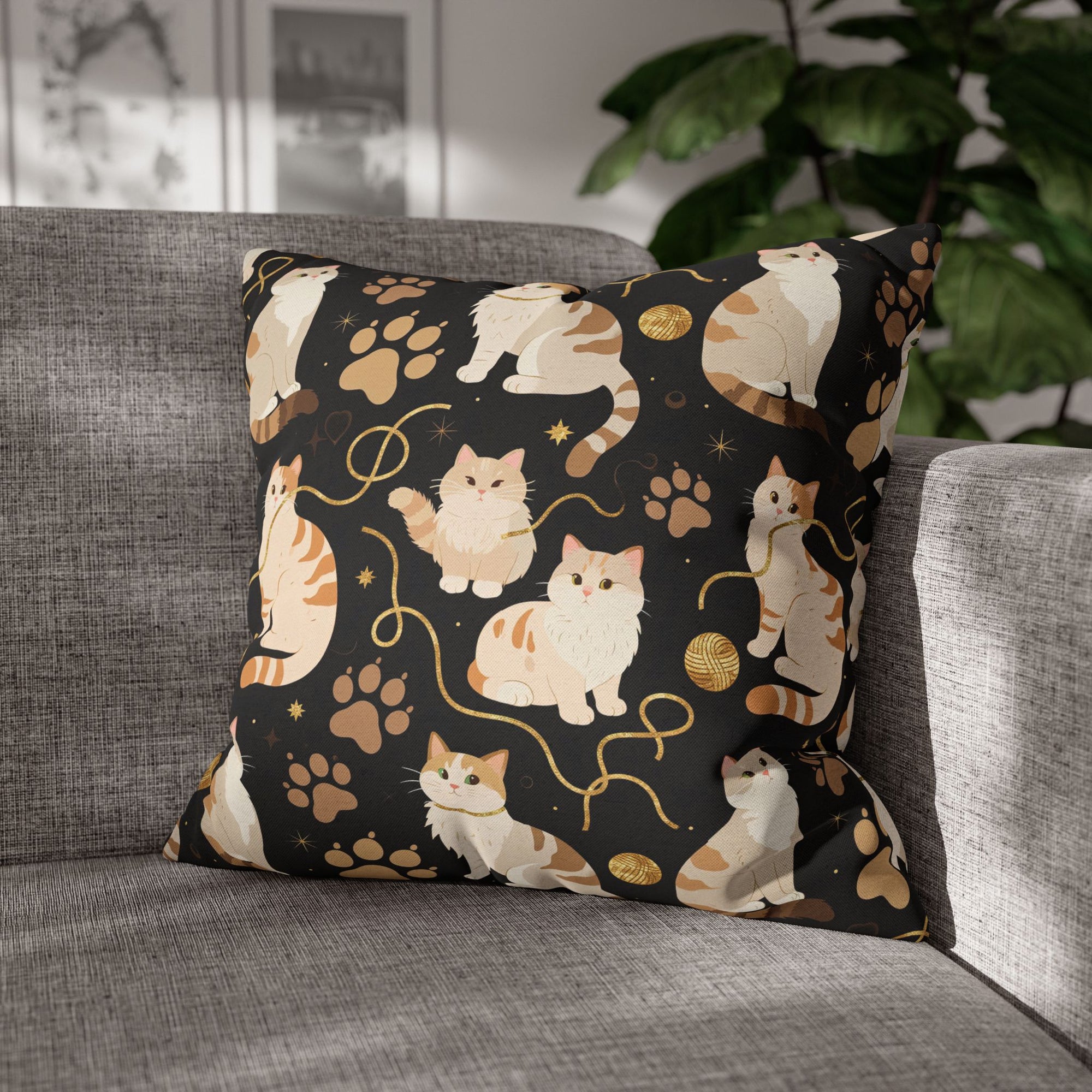 Square Pillowcase - Elegant felines and sparkling gold yarn on black, adorable cats with golden paw prints, sophisticated pet motif, charming animal pattern, cozy and warm artistic illustration