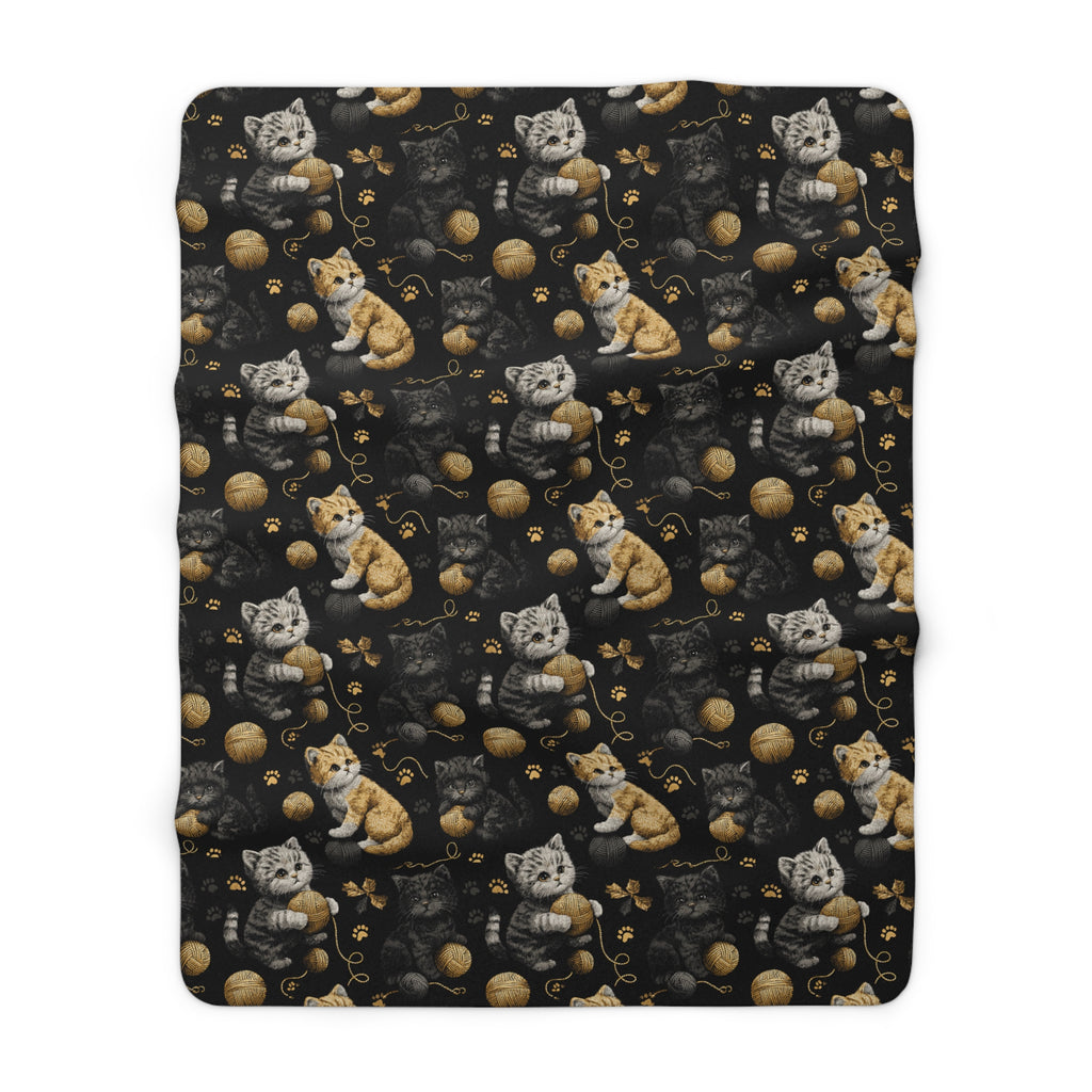 Sherpa Blanket - Assorted Cute Kittens with Colorful Yarn Balls and Paw Prints on a Black Backdrop
