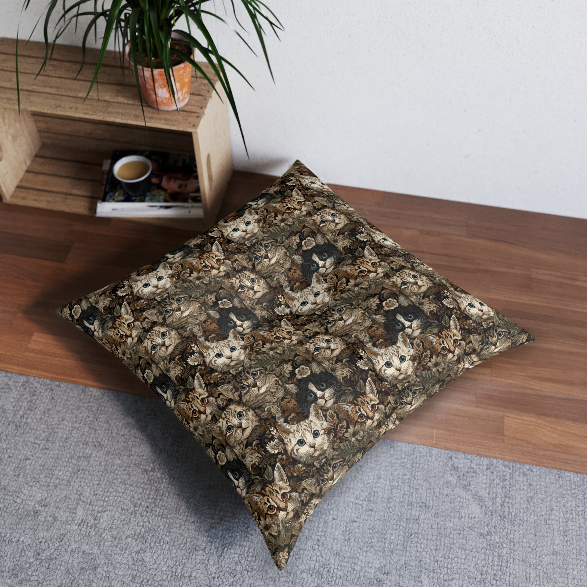 Indoor Square Floor Pillow - An intricate and detailed vintage illustration featuring a close-up of various fluffy cats with bright eyes amidst lush, ornate floral foliage in sepia tones.