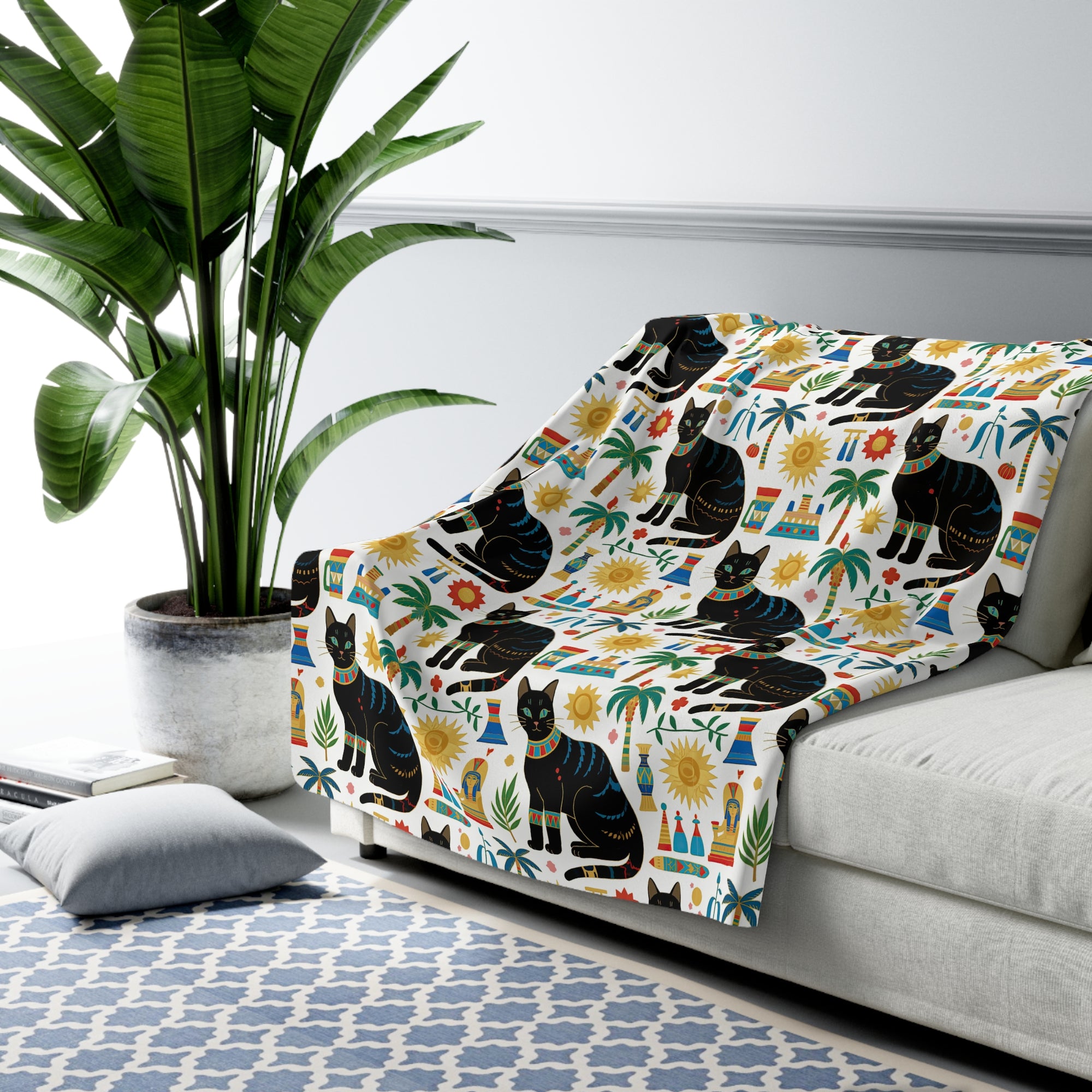 Sherpa Blanket - Majestic Black Egyptian Cats with Vibrant Adornments and Desert Motifs Create a Striking and Culturally Rich Design