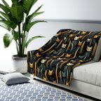 Sherpa Blanket - A sleek and stylish Art Deco-inspired pattern depicting a serene nocturnal landscape with streamlined cat silhouettes and radiating golden light among abstract plants.