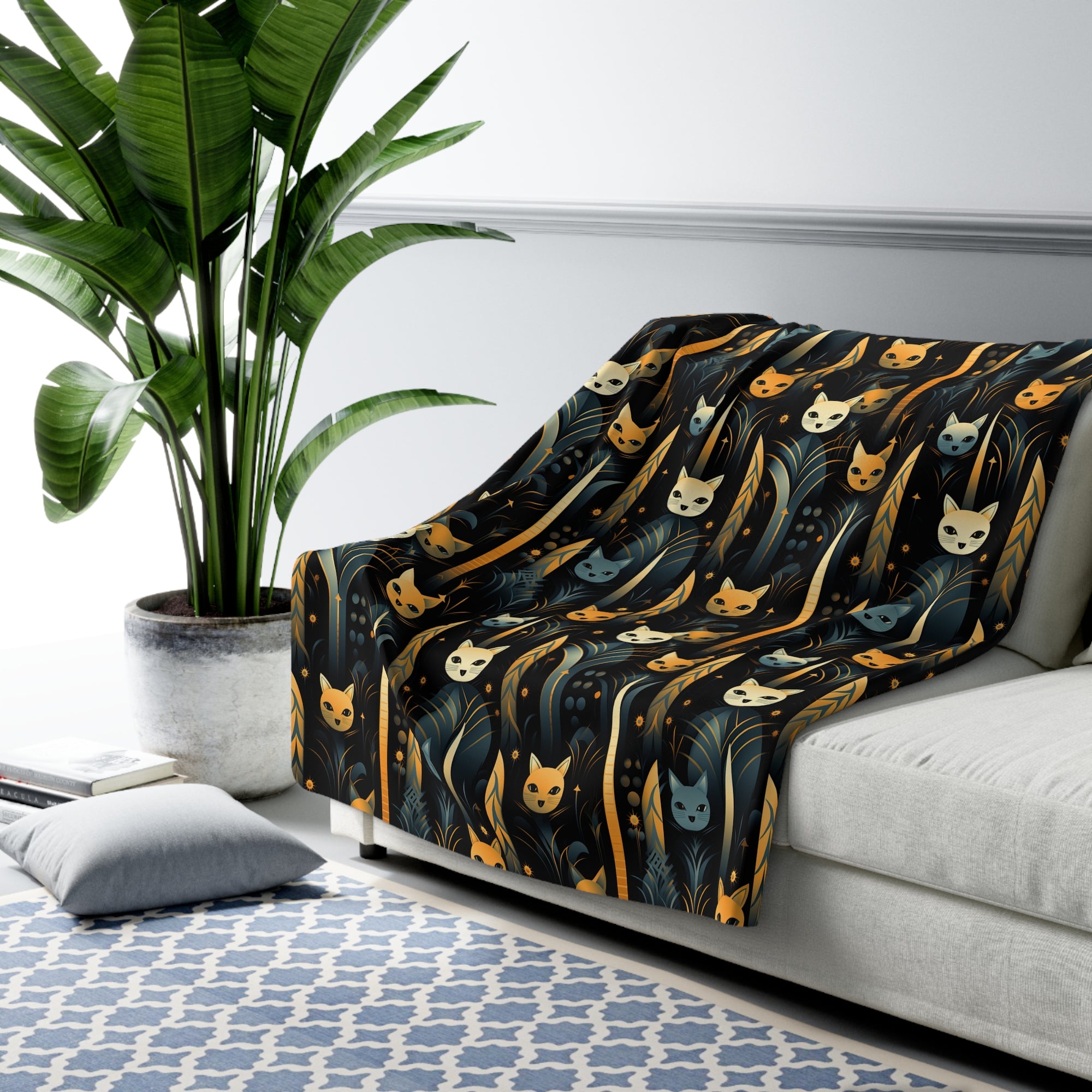 Sherpa Blanket - A sleek and stylish Art Deco-inspired pattern depicting a serene nocturnal landscape with streamlined cat silhouettes and radiating golden light among abstract plants.