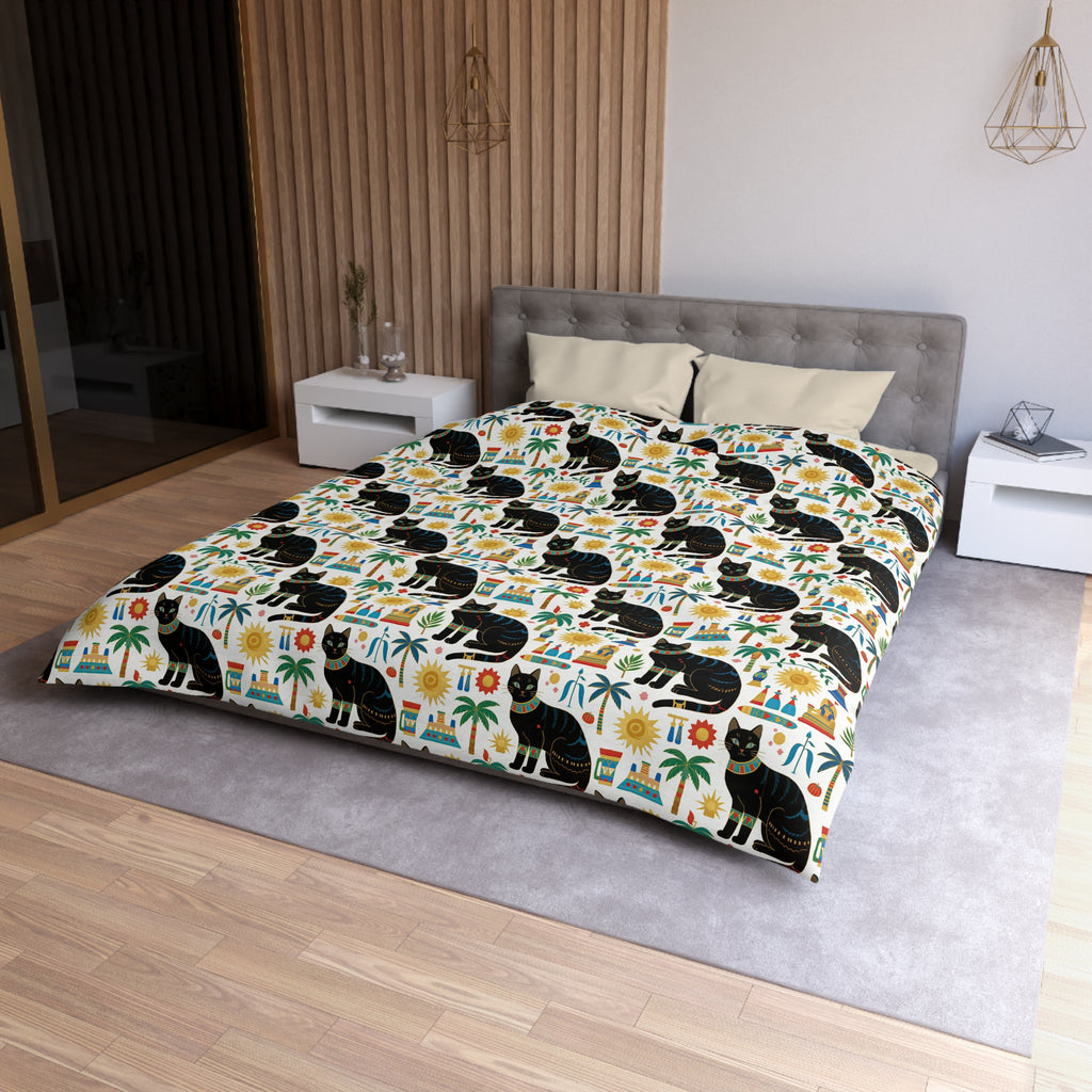 Duvet Cover - Majestic Black Egyptian Cats with Vibrant Adornments and Desert Motifs Create a Striking and Culturally Rich Design