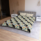 Duvet Cover - Majestic Black Egyptian Cats with Vibrant Adornments and Desert Motifs Create a Striking and Culturally Rich Design