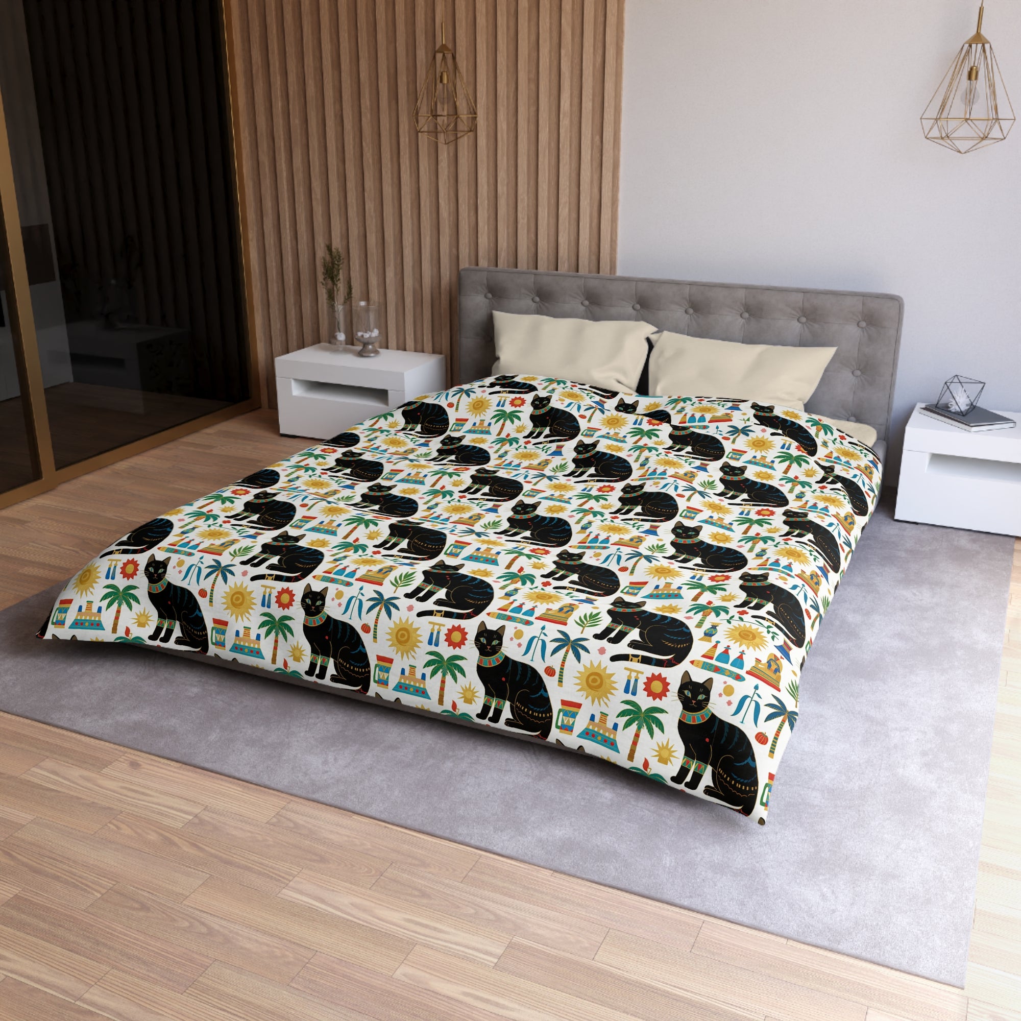 Duvet Cover - Majestic Black Egyptian Cats with Vibrant Adornments and Desert Motifs Create a Striking and Culturally Rich Design