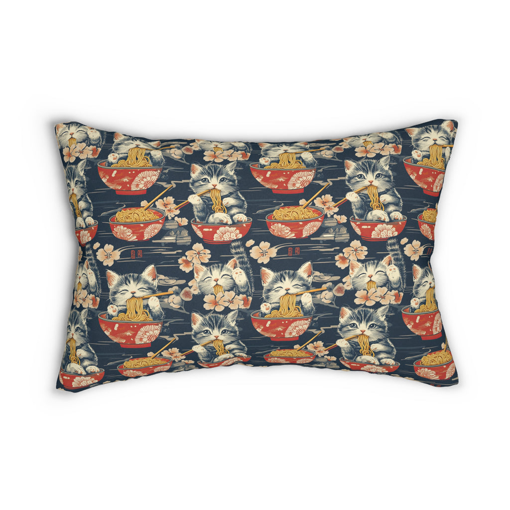 Indoor Lumbar Pillow - A charming and detailed illustration of happy kittens in red ramen bowls eating their noodles with chopsticks among beautiful pink cherry blossoms on a dark background.