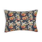 Indoor Lumbar Pillow - A charming and detailed illustration of happy kittens in red ramen bowls eating their noodles with chopsticks among beautiful pink cherry blossoms on a dark background.