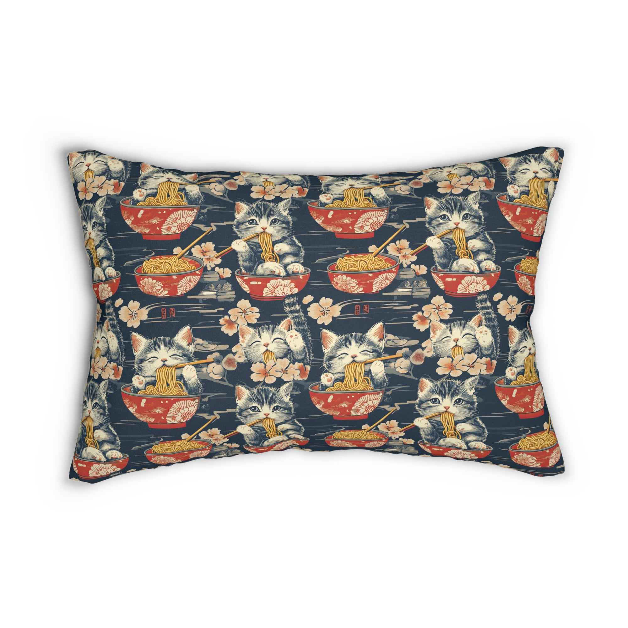 Indoor Lumbar Pillow - A charming and detailed illustration of happy kittens in red ramen bowls eating their noodles with chopsticks among beautiful pink cherry blossoms on a dark background.