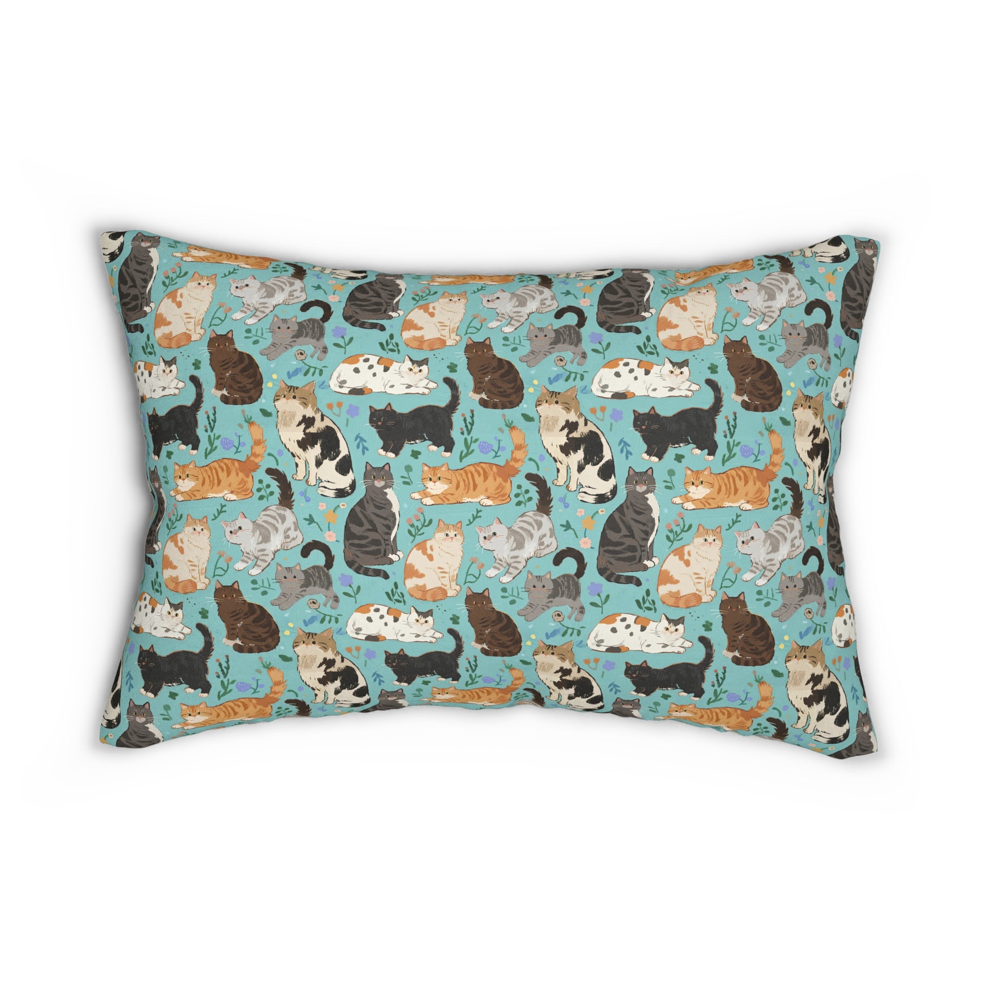 Indoor Lumbar Pillow - A Delightful Assortment of Charming Cats in Diverse Poses and Breeds Scattered Across a Soft Blue Floral Background
