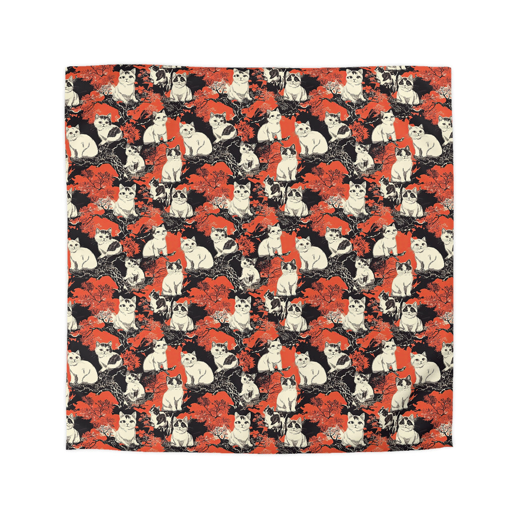 Duvet Cover - A striking black-and-white illustration with red accents of charming cats perched on the branches of trees in a beautiful Japanese woodblock print style.