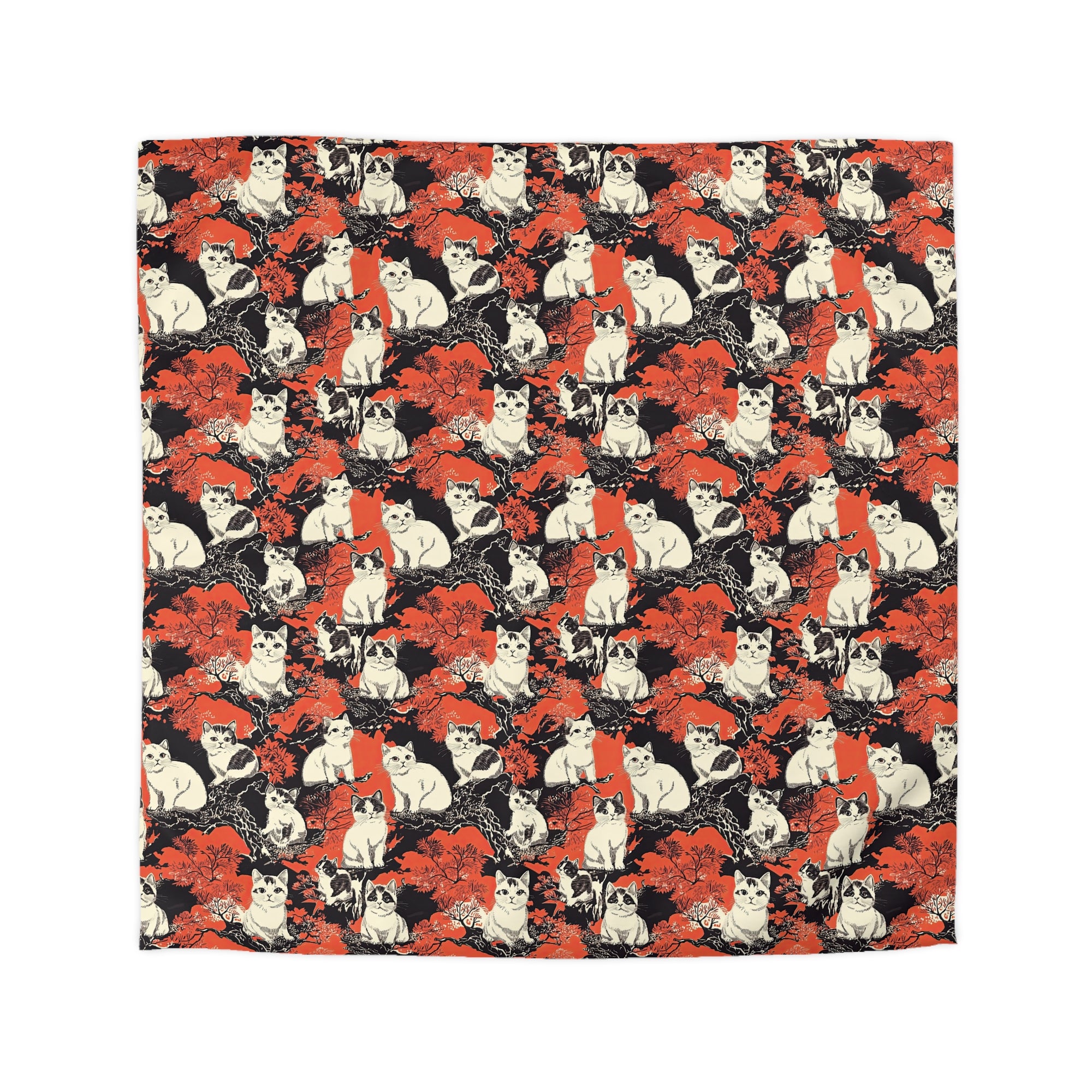 Duvet Cover - A striking black-and-white illustration with red accents of charming cats perched on the branches of trees in a beautiful Japanese woodblock print style.