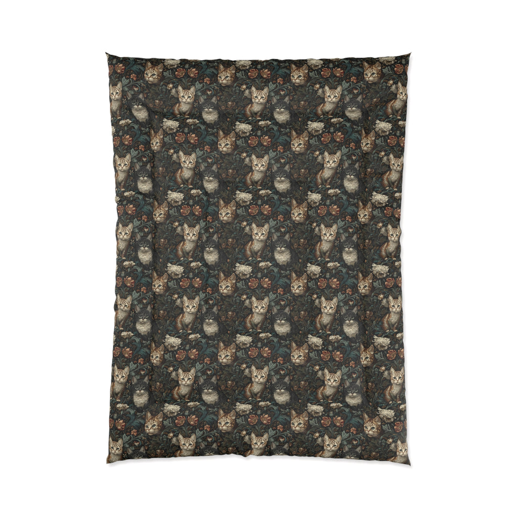 Comforter - Brown Tabby Kittens Among Dark Green and Peach Floral Vines, Moody Vintage Style
