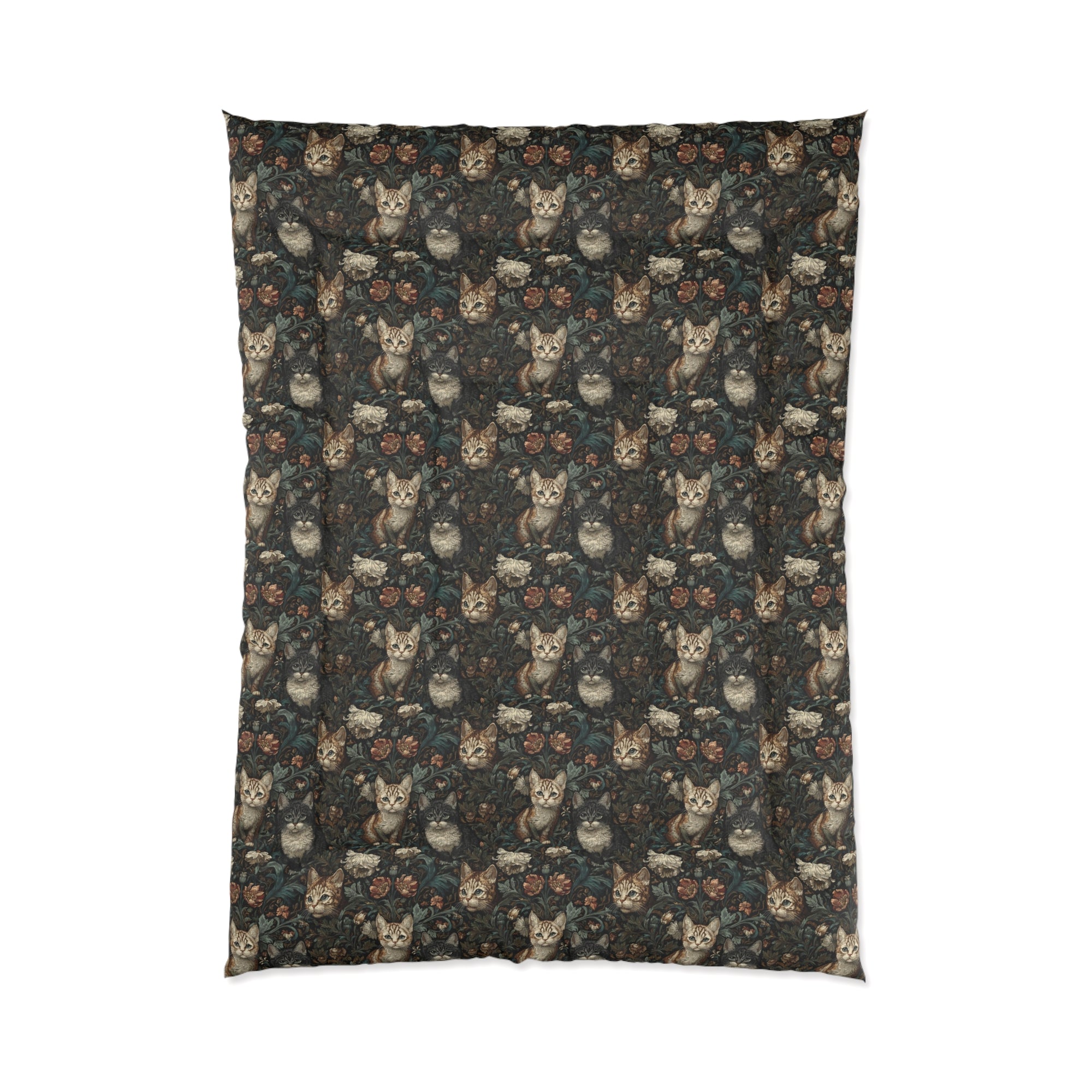 Comforter - Brown Tabby Kittens Among Dark Green and Peach Floral Vines, Moody Vintage Style