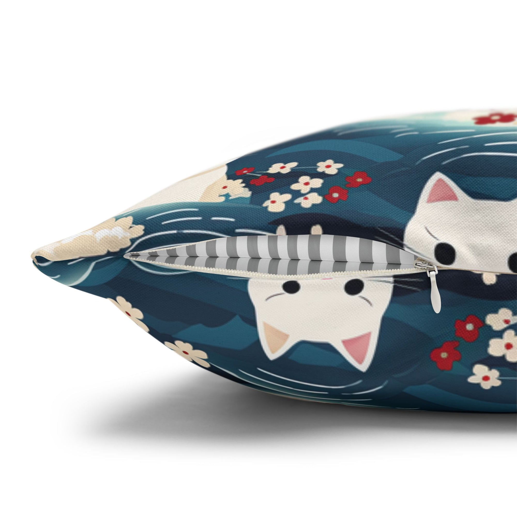 Square Pillowcase - A lovely, playful, Japanese-inspired illustration of sweet white cats sitting on rolling blue waves with red and white flowers and gentle clouds.