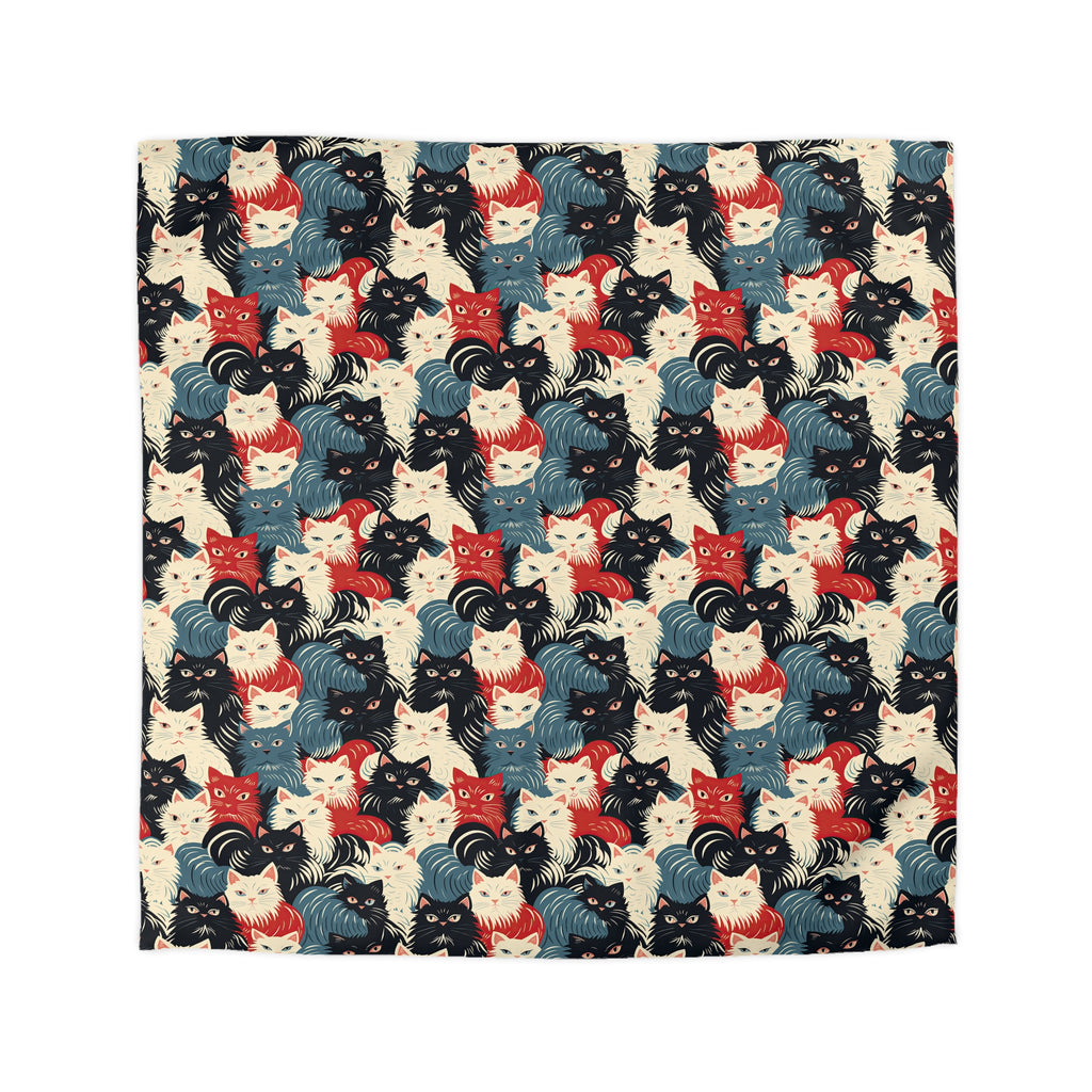 Duvet Cover - A bold and graphic pop art style illustration featuring a tight-knit cluster of various fluffy felines in black, white, red, and blue.