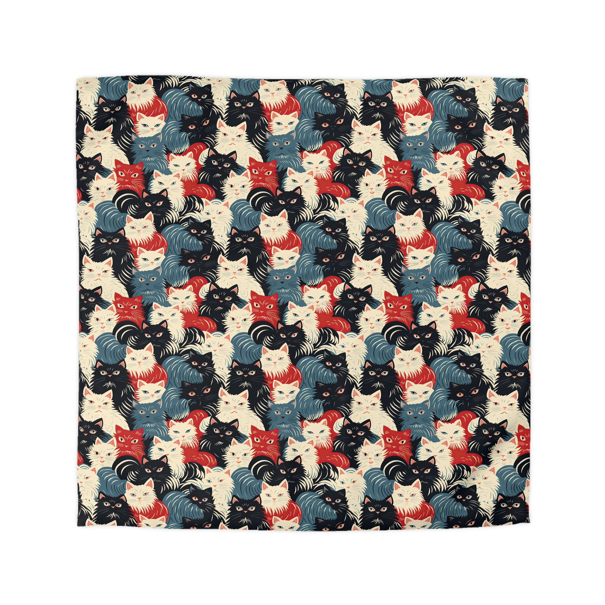 Duvet Cover - A bold and graphic pop art style illustration featuring a tight-knit cluster of various fluffy felines in black, white, red, and blue.