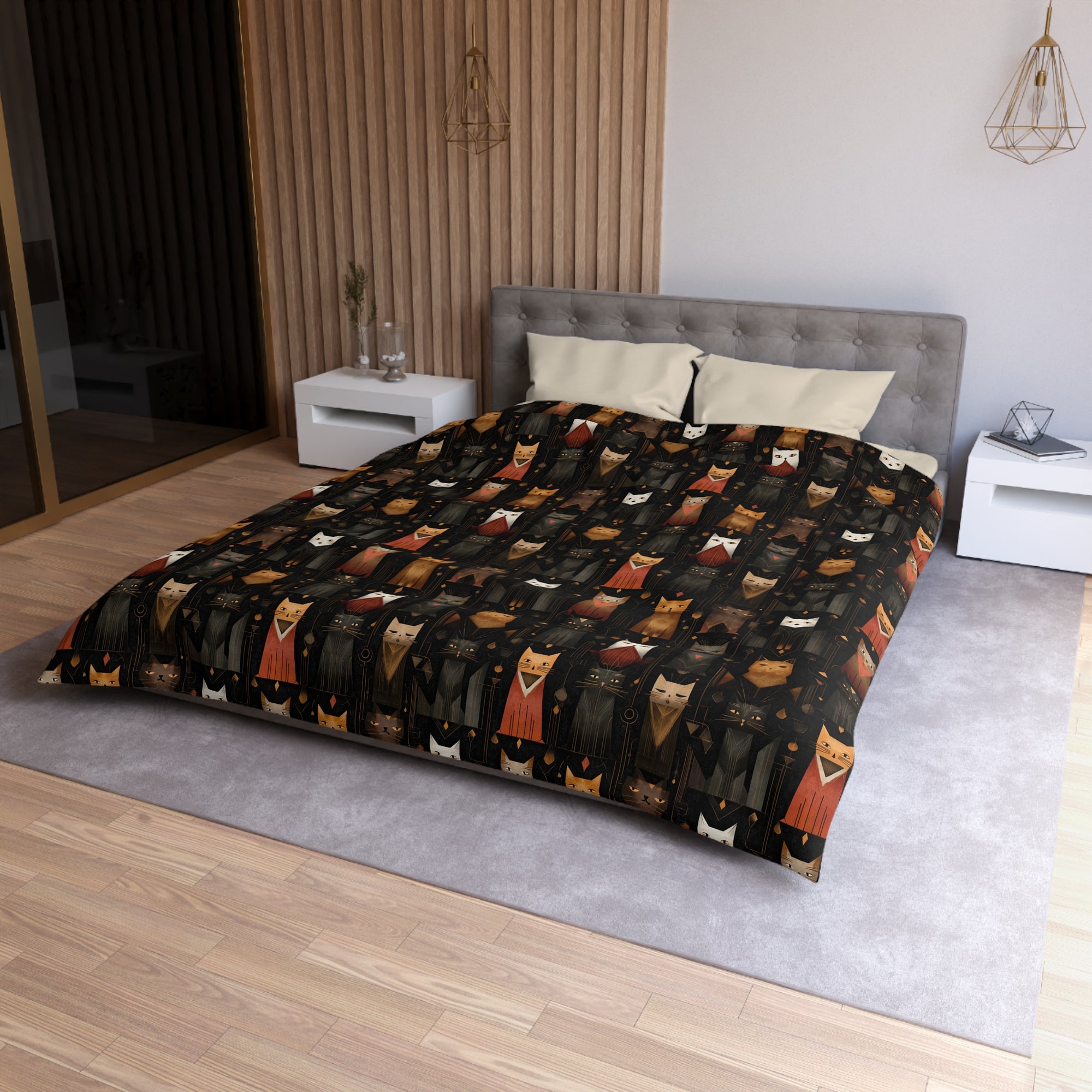 Duvet Cover - A striking and sophisticated Art Deco-style pattern of felines with bold, intricate lines and dramatic geometric shapes, all rendered in a unique gold and gray color palette.