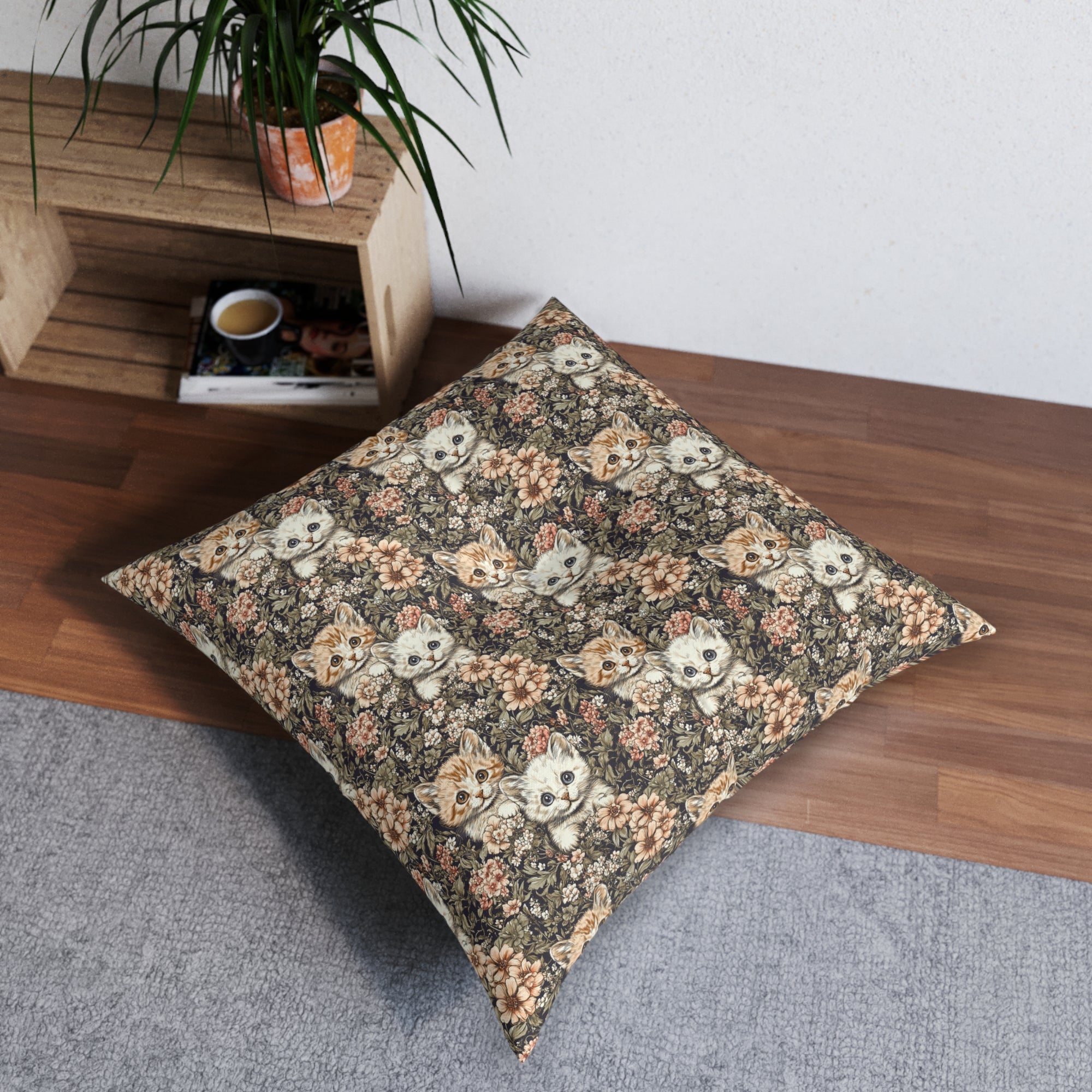 Indoor Square Floor Pillow - Peach and White Kittens in Dark Floral Garden, Vintage Style, Sweet and Charming Scene