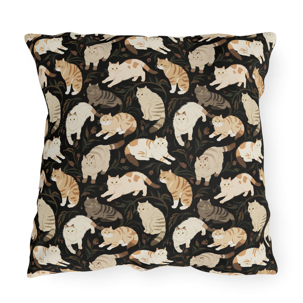 Outdoor Pillow - Earthy Toned Cats Lounge and Play Amidst Dark Foliage in a Serene and Naturally Inspired Seamless Pattern Design
