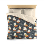 Duvet Cover - An adorable and cute pattern of baby cats happily eating steaming ramen noodles from traditional red and white bowls with beautiful white floral elements surrounding them.