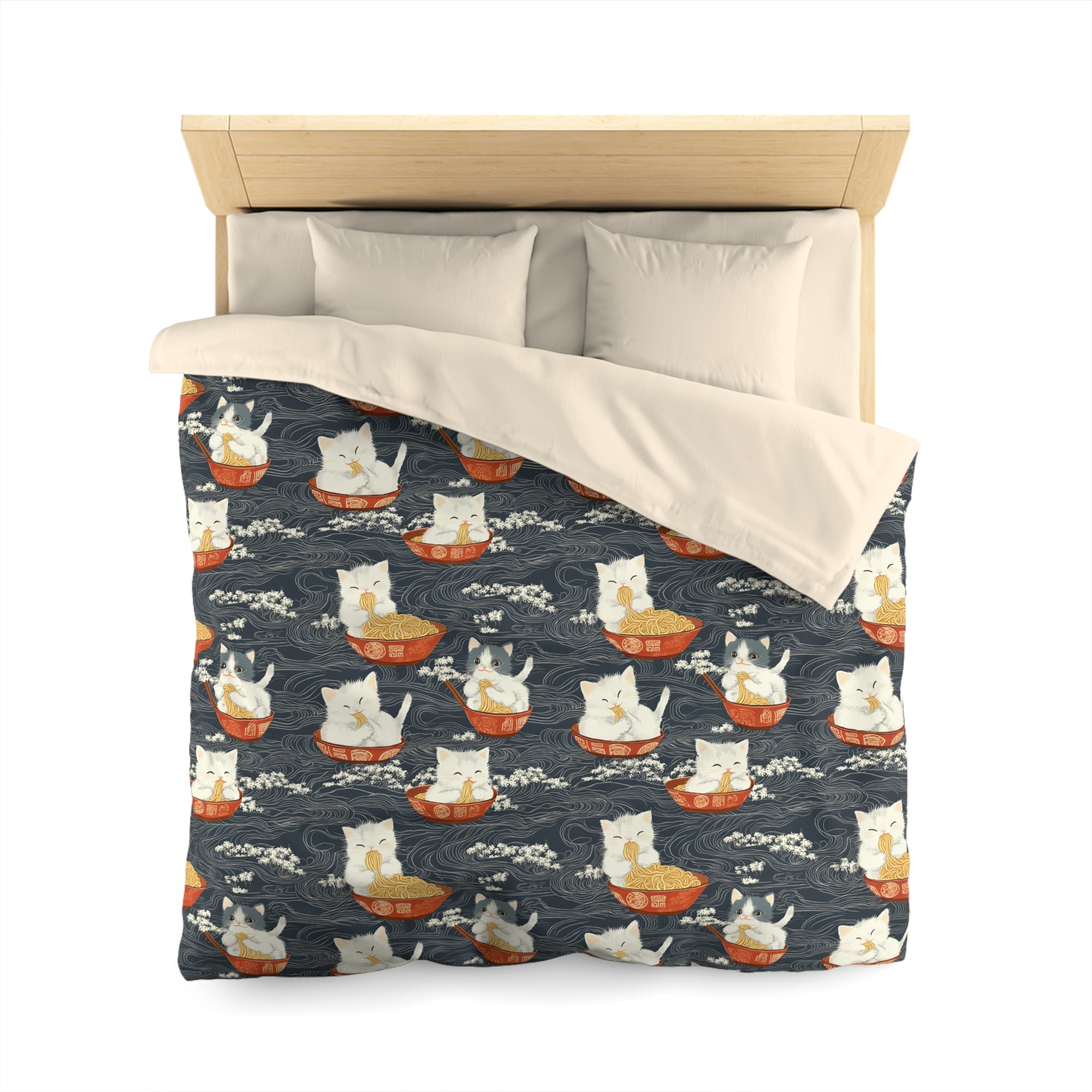 Duvet Cover - An adorable and cute pattern of baby cats happily eating steaming ramen noodles from traditional red and white bowls with beautiful white floral elements surrounding them.