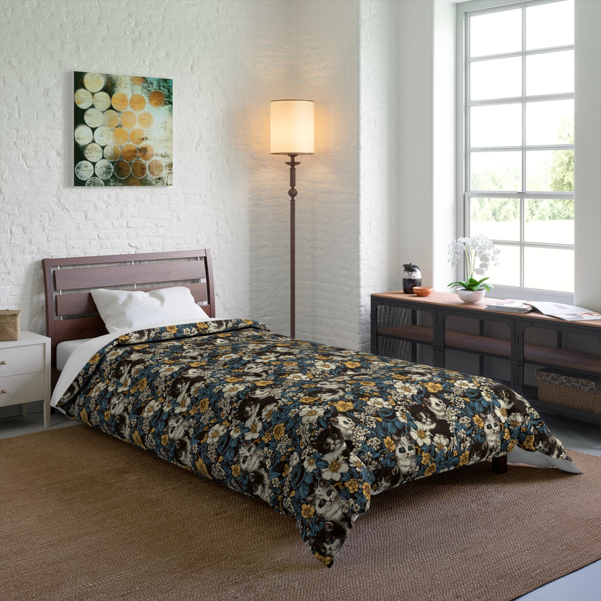 Comforter - Black and White Kittens with Yellow and White Flowers, Dark Blue Leaves, Vintage Charm