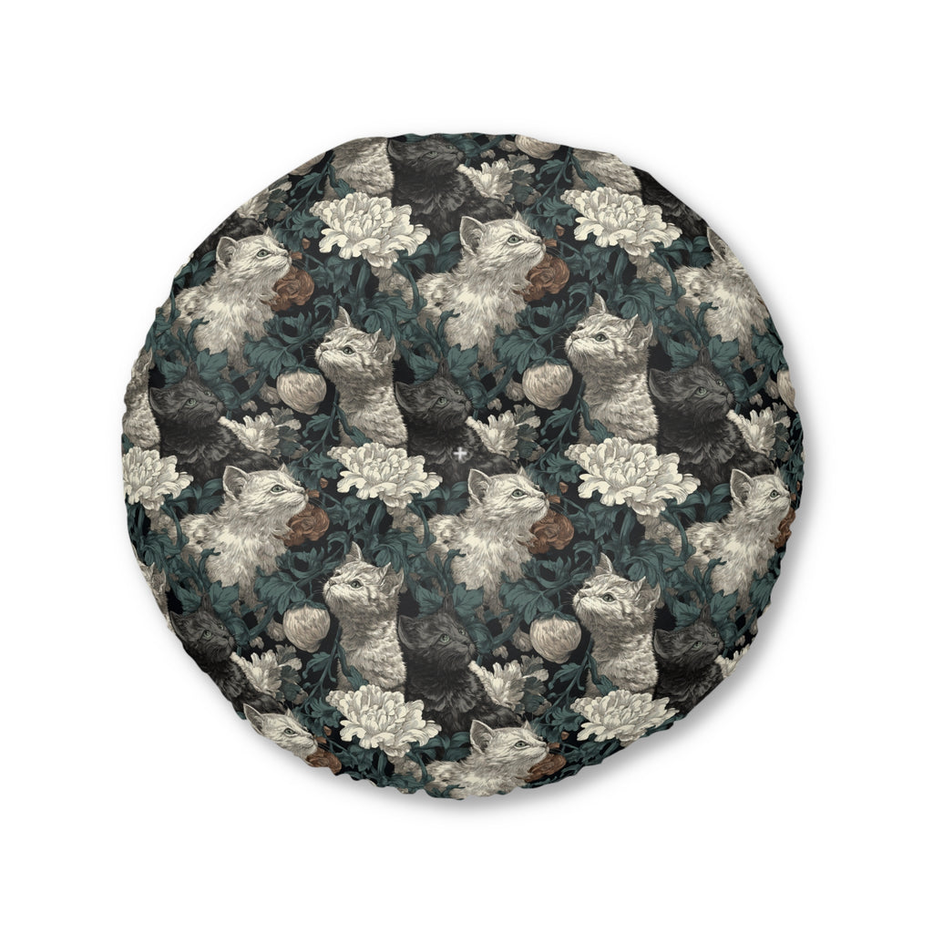 Indoor Round Floor Pillow - Grey and White Kittens with Creamy White Flowers and Dark Green Foliage, Elegant Vintage Vibe