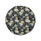 Indoor Round Floor Pillow - Grey and White Kittens with Creamy White Flowers and Dark Green Foliage, Elegant Vintage Vibe