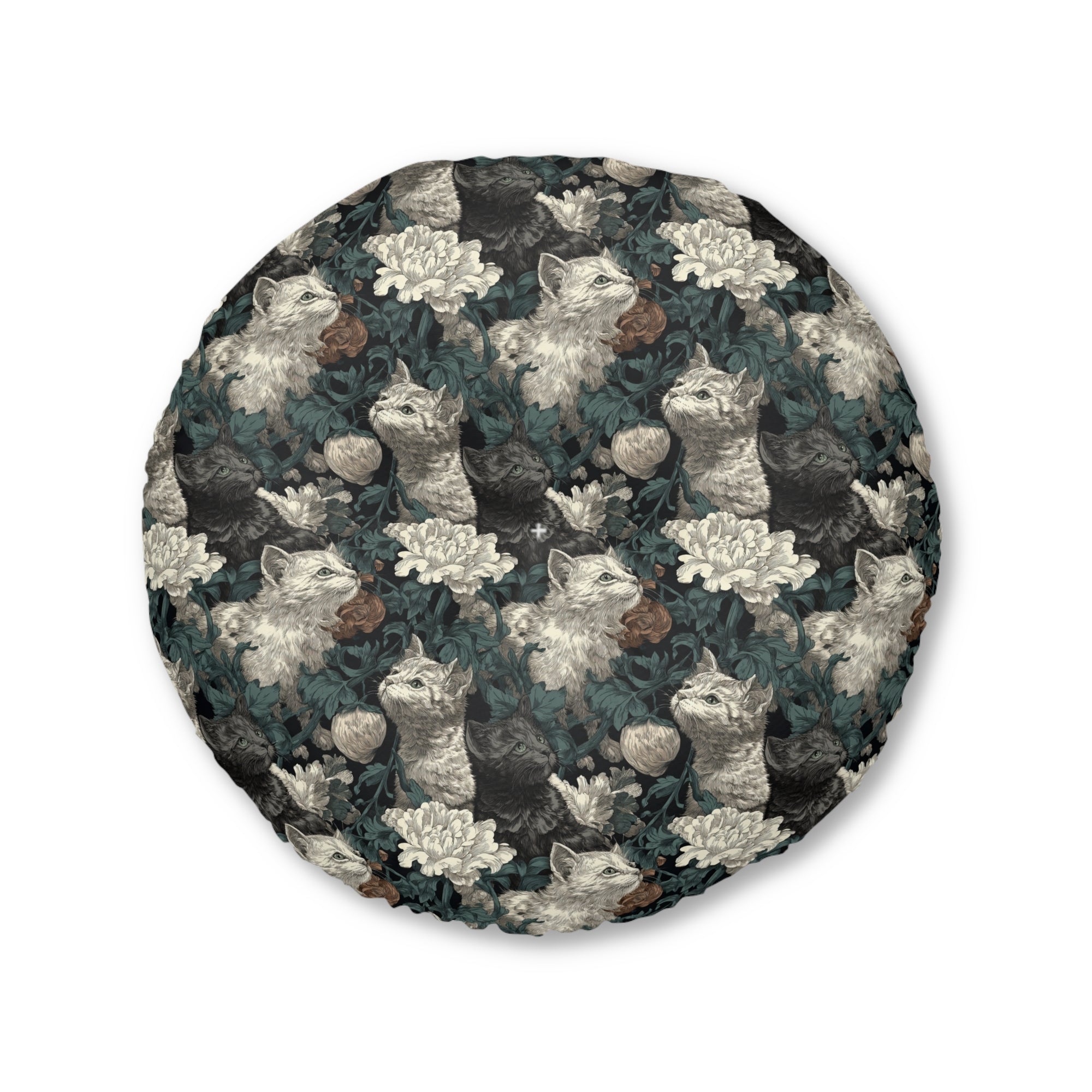 Indoor Round Floor Pillow - Grey and White Kittens with Creamy White Flowers and Dark Green Foliage, Elegant Vintage Vibe