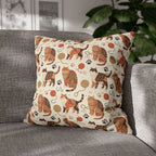 Square Pillowcase - Artistic patterned cats in warm earth tones, unique tribal and folk art designs, playful felines with yarn and paw prints, bohemian animal print, cream background, creative cat art