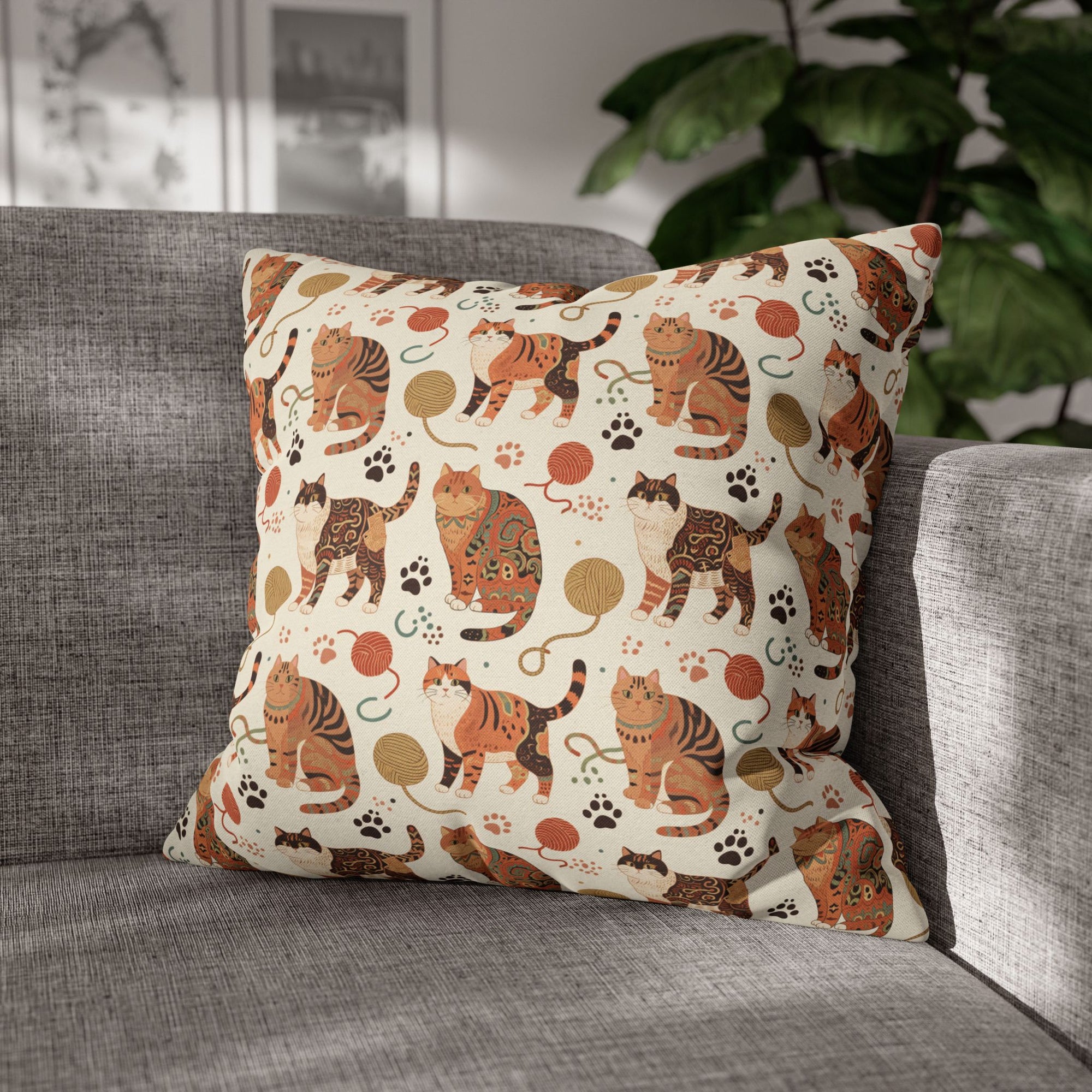 Square Pillowcase - Artistic patterned cats in warm earth tones, unique tribal and folk art designs, playful felines with yarn and paw prints, bohemian animal print, cream background, creative cat art