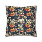 Square Pillowcase - A charming and detailed illustration of happy kittens in red ramen bowls eating their noodles with chopsticks among beautiful pink cherry blossoms on a dark background.