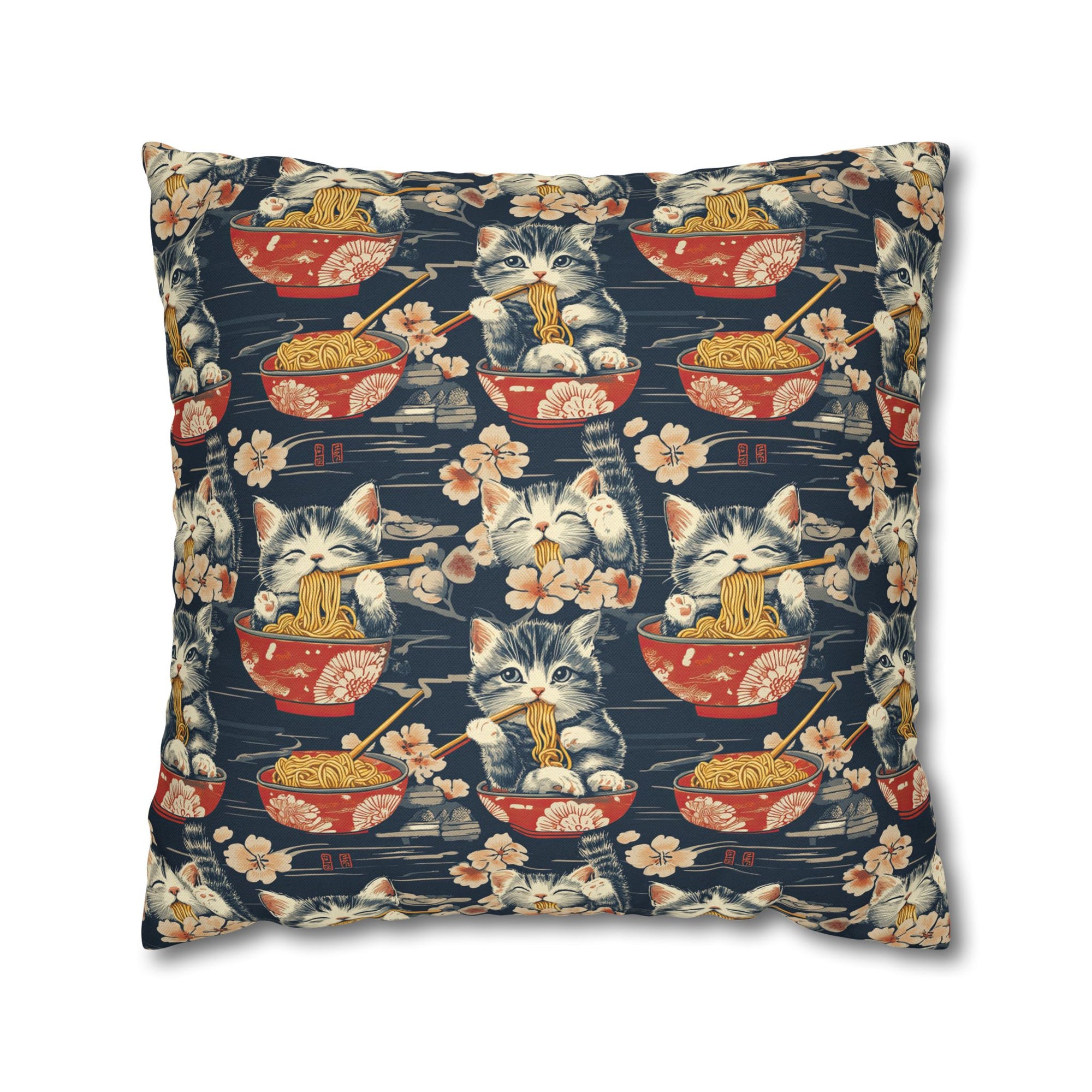 Square Pillowcase - A charming and detailed illustration of happy kittens in red ramen bowls eating their noodles with chopsticks among beautiful pink cherry blossoms on a dark background.