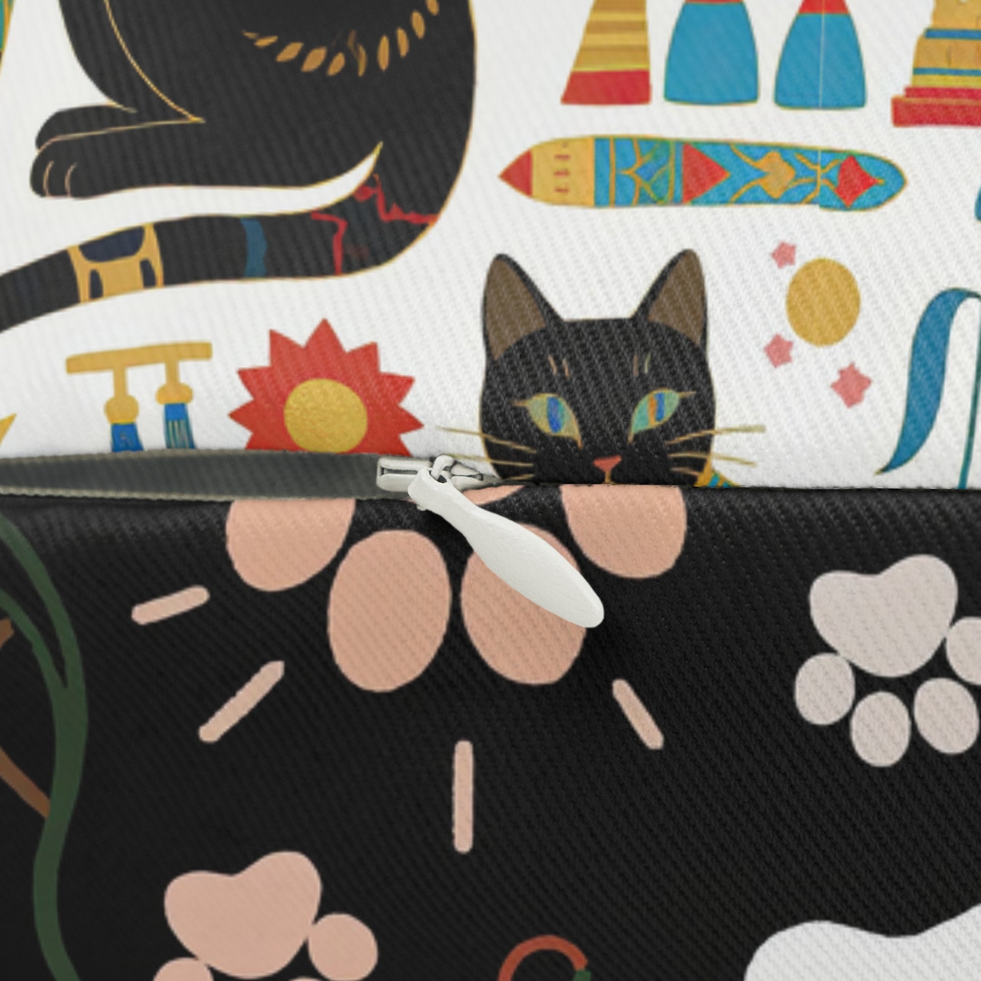 Indoor Lumbar Pillow - Majestic Black Egyptian Cats with Vibrant Adornments and Desert Motifs Create a Striking and Culturally Rich Design