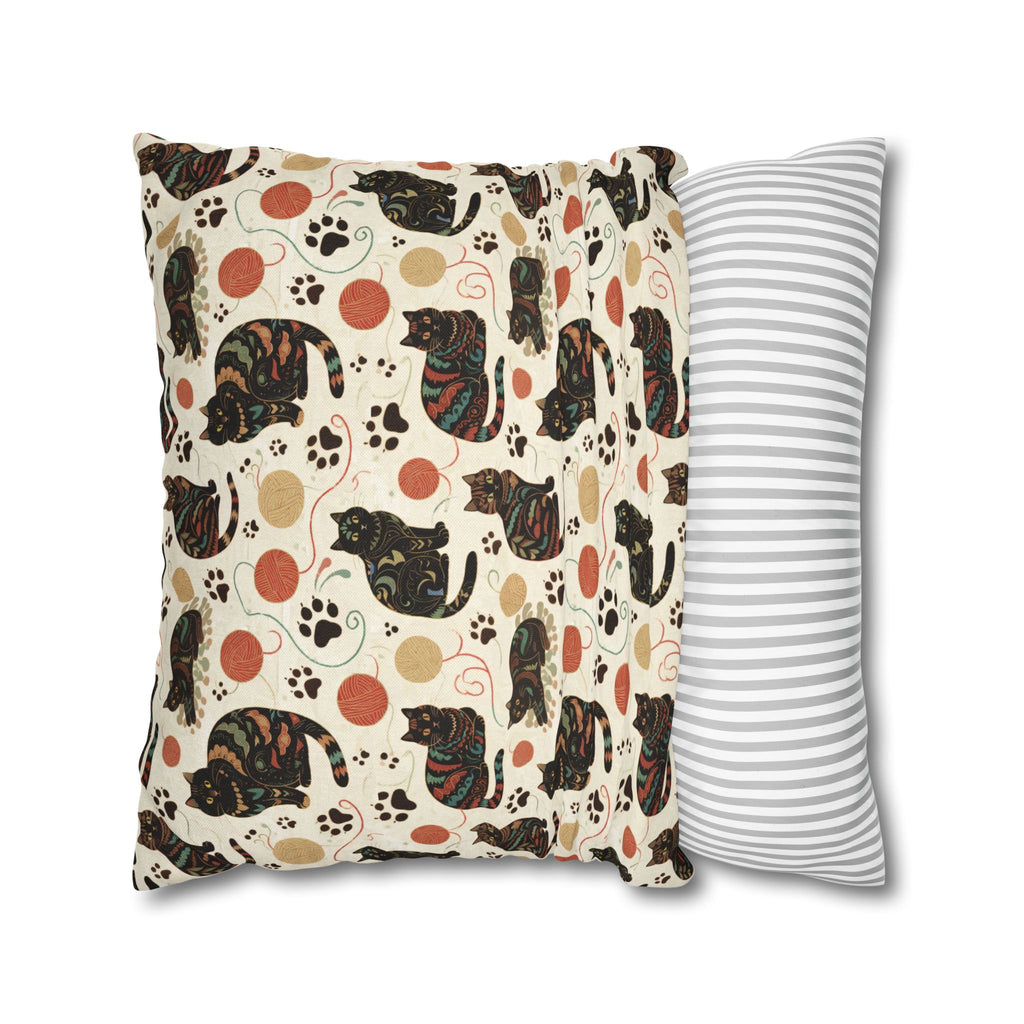 Square Pillowcase - Intricate tribal patterned black cats, colorful folk art style, playful felines with yarn balls and paw prints, artistic and bohemian cat design, cream background, unique animal print