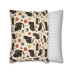 Square Pillowcase - Intricate tribal patterned black cats, colorful folk art style, playful felines with yarn balls and paw prints, artistic and bohemian cat design, cream background, unique animal print