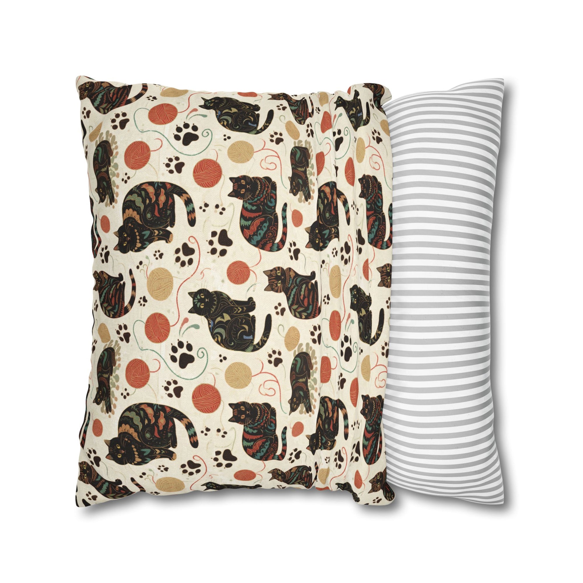 Square Pillowcase - Intricate tribal patterned black cats, colorful folk art style, playful felines with yarn balls and paw prints, artistic and bohemian cat design, cream background, unique animal print