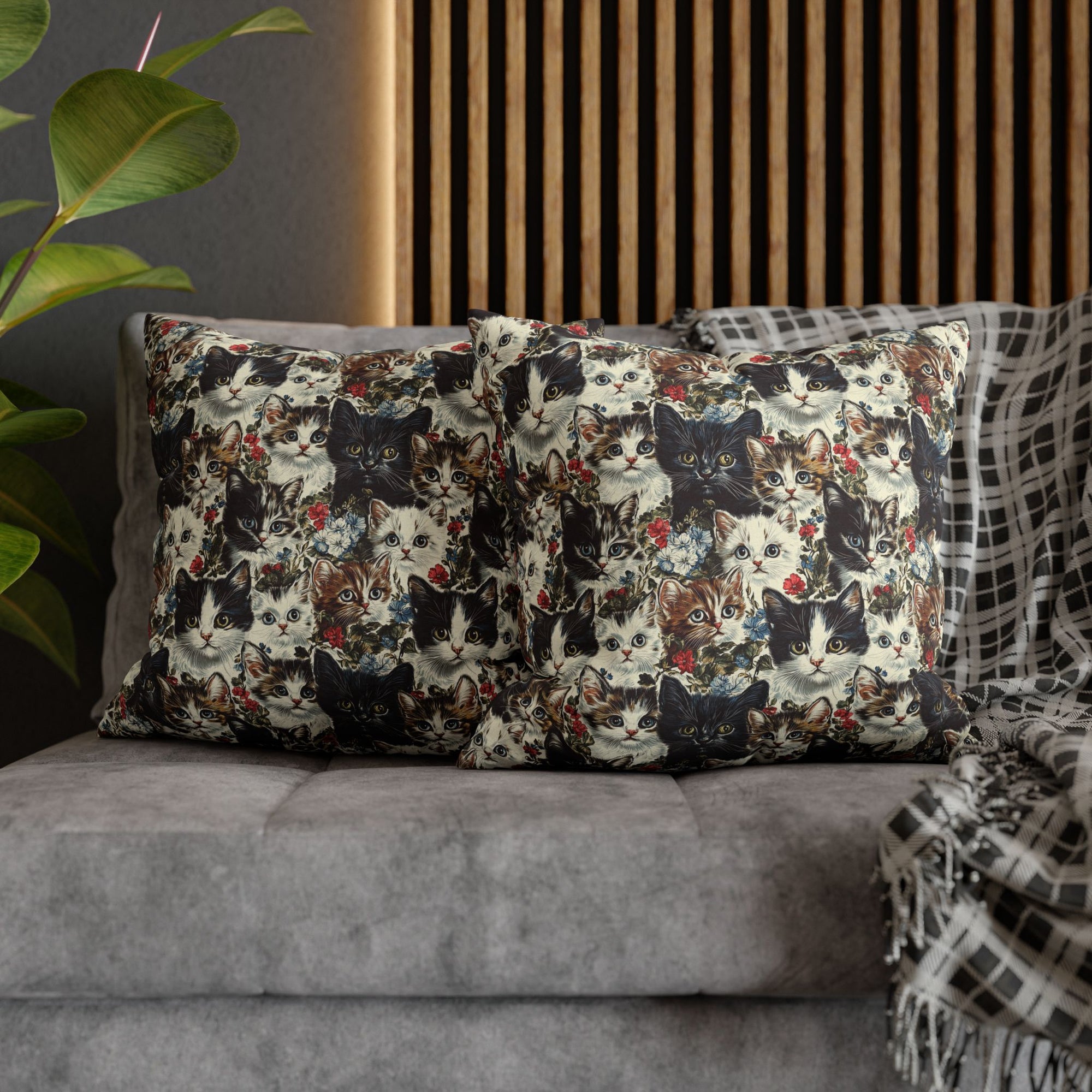 Square Pillowcase - Colorful Kitten Faces with Red and Blue Flowers, Whimsical and Bright, Pattern Design