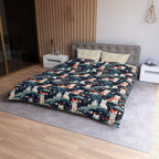 Duvet Cover - A serene and sweet Japanese landscape pattern featuring multicolored cats relaxing within a tranquil field of red and white flowers and gentle blue hills.