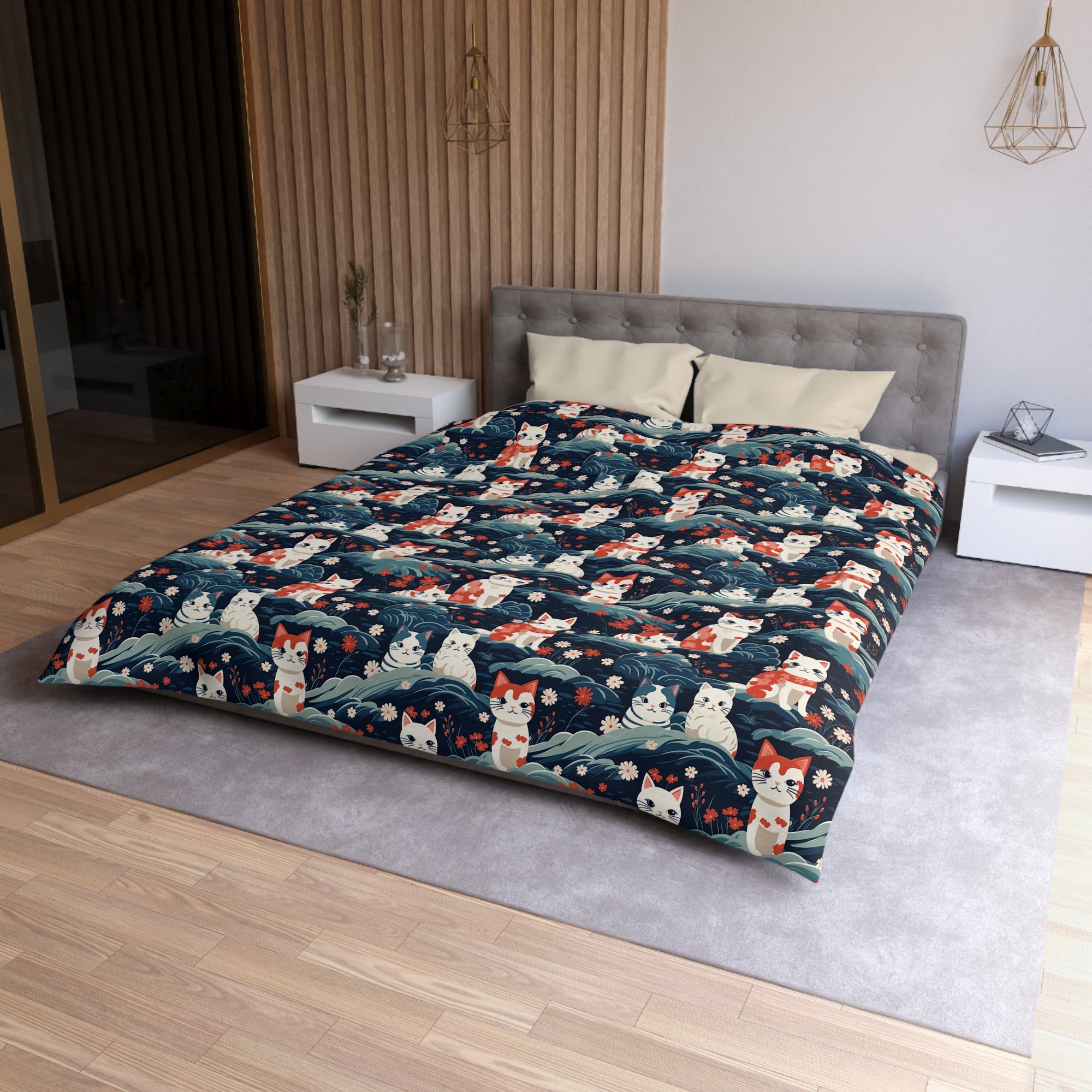 Duvet Cover - A serene and sweet Japanese landscape pattern featuring multicolored cats relaxing within a tranquil field of red and white flowers and gentle blue hills.