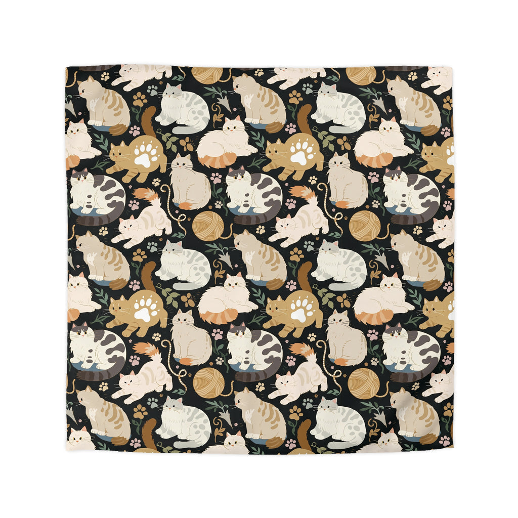 Duvet Cover - Diverse cats and kittens in a dark garden, various breeds and colors, soft natural tones with foliage and paw prints, charming animal illustration, dark background, gentle pet themed art